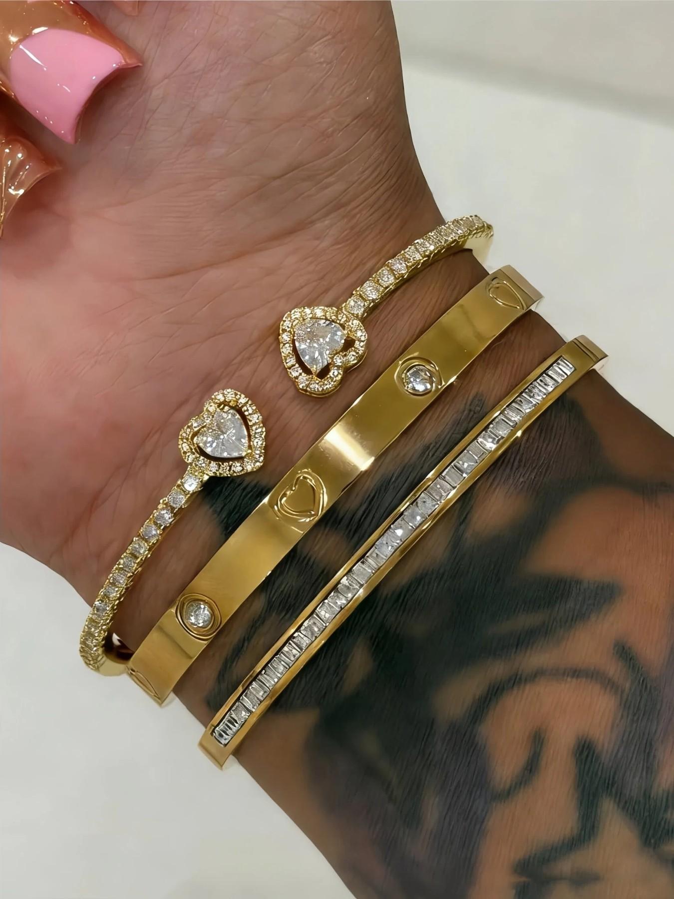 3pc/Set Stainless Steel 18K Gold-Plated Zirconia Heart Bangle, 14K Gold Copper Zirconia Open Cuff Bracelet, Fashion Women's Daily Wear Holiday Gift Set, Elegant Heart-Shaped Zirconia-Studded Bracelet, Stack Bangle, Jewelry Bracelets