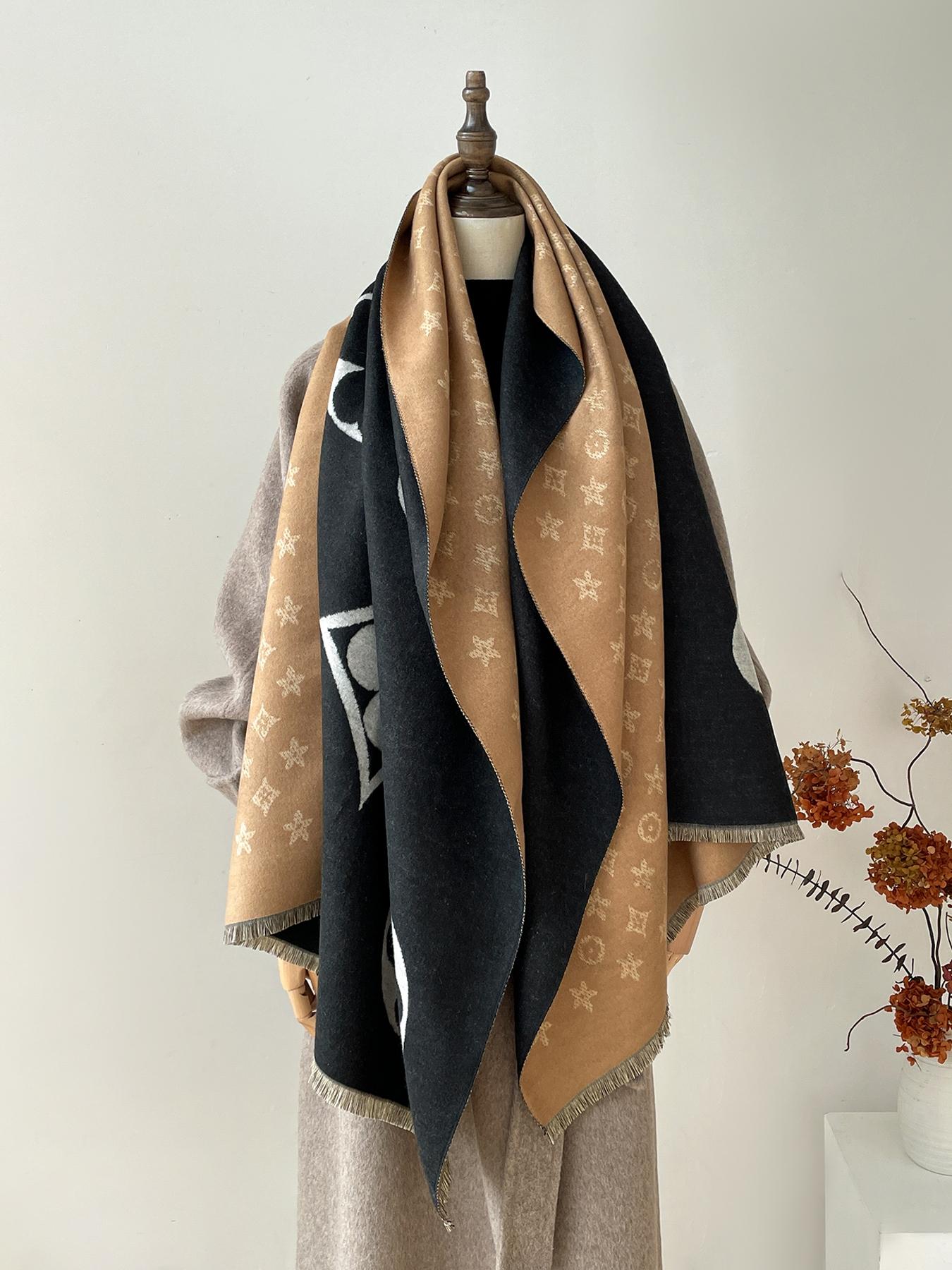 Boho Floral Pattern Imitation Wool Scarf for Women, Thick Soft Double-Sided Boho Style Shawl, Comfortable Design for Fall & Winter Daily Wear