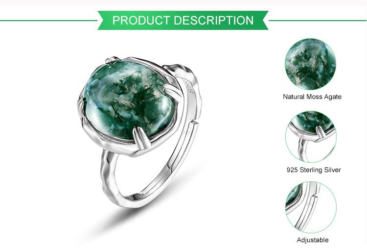 Natural Gemstone  Healing Stone Green Moss Agate Porcelain Round Cabochons Adjustable Rings for Women Men Valentine Gift for Girlfriend