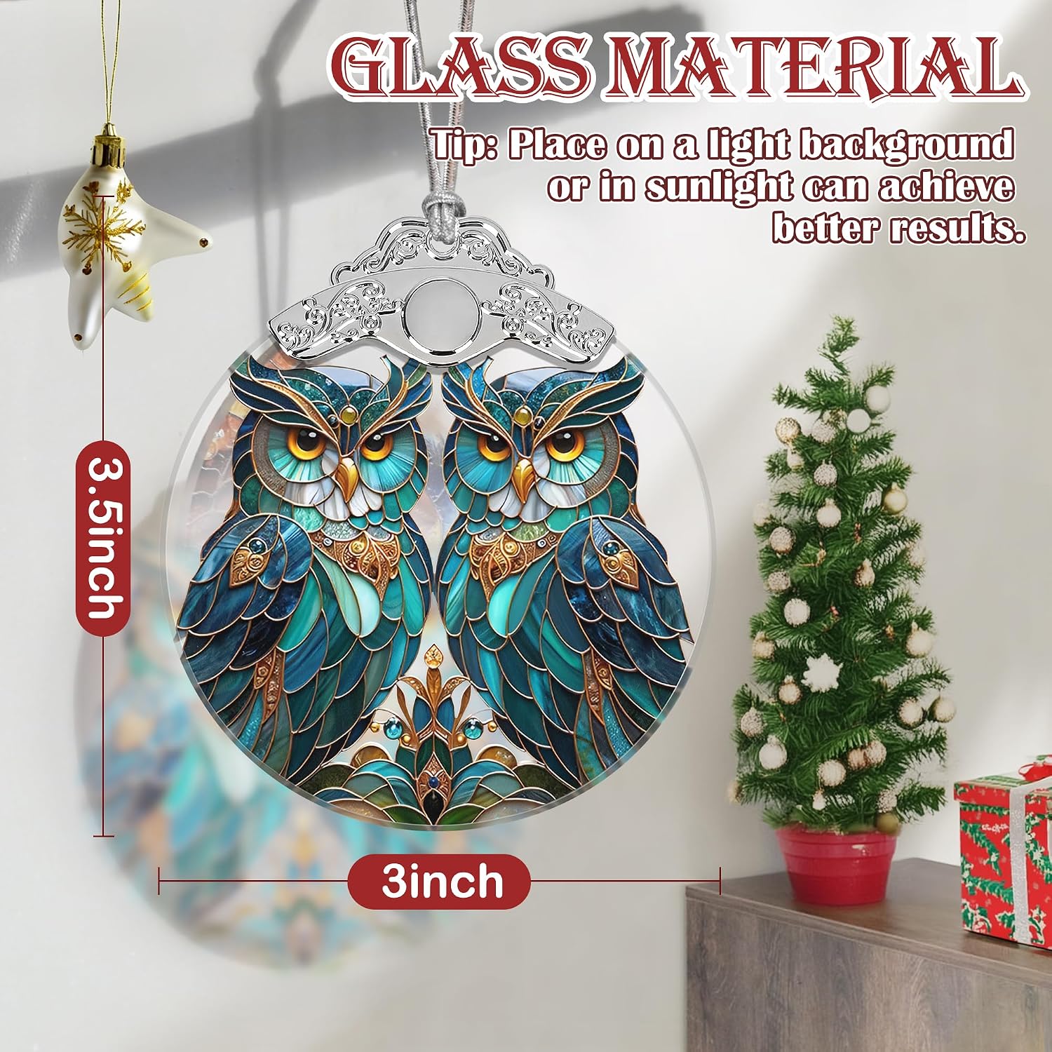 Stained Glass Owl Christmas Ornament - Two Owls, Holiday Decoration for Tree, Idea Stained Glass Owl Christmas Ornament - Two Owls, Holiday Decoration for Tree, Idea