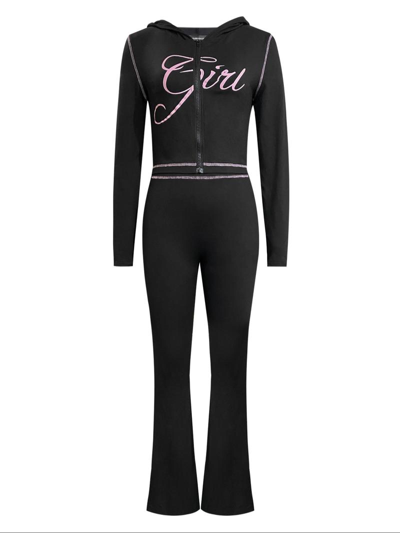 【LovelyWholesale】Two-piece Set Women's Colorblock Letter Print Zip Up Crop Jacket & High Waist Flare Leg Pants, Casual Fashion Cozy Breathable Outfits for Yoga Gym Workout, Ladies Sportswear for Fall