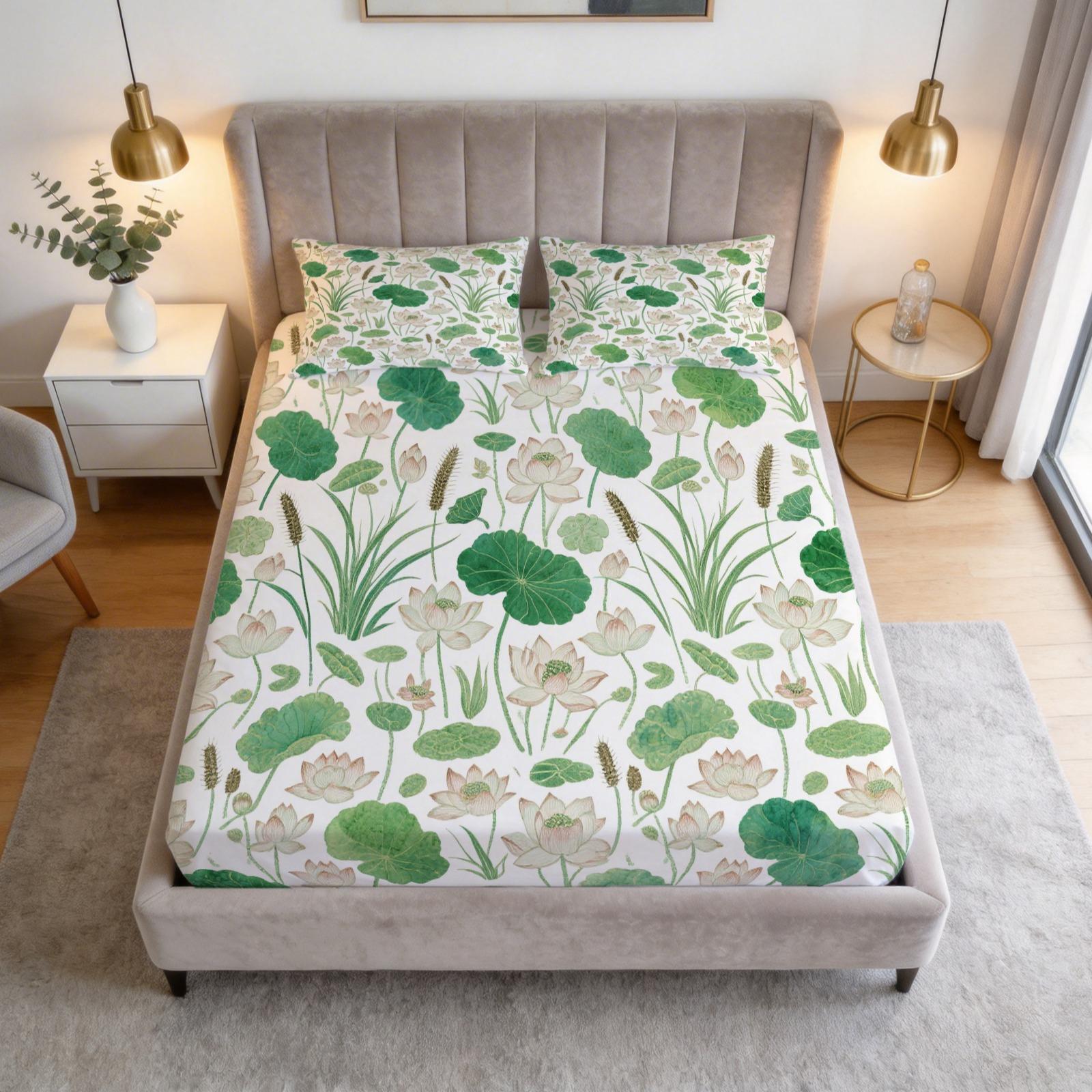 3 Piece Watercolor Lotus Pond Fitted Sheet Set, HD Digital Printed Deep Pocket Bed Sheet, Soft Breathable Bedding Set with Pillowcases (No Insert) for Bedroom Home Decor