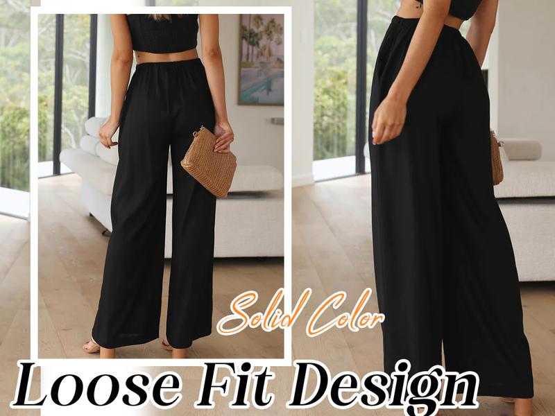 Hixiaohe Womens Cotton Linen Palazzo Pants Drawstring Elastic High Waist Trousers Casual Wide Leg Pants with Pockets TikTokShopBlackFriday