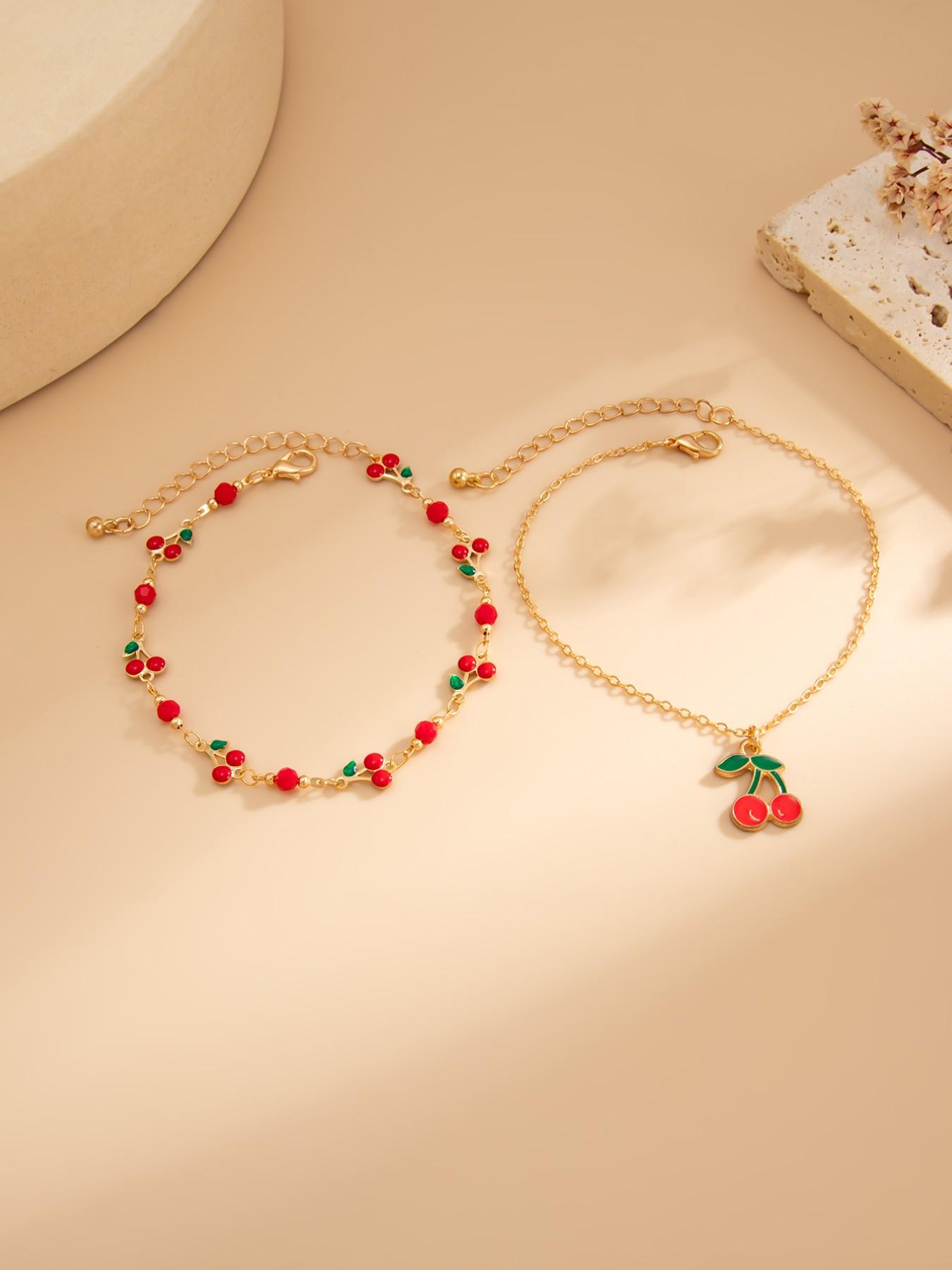 Beaded Multi-Layer Anklet Set, Cherry Design, Cute Style, Zinc Alloy Material, Spring Summer Fashion Accessory