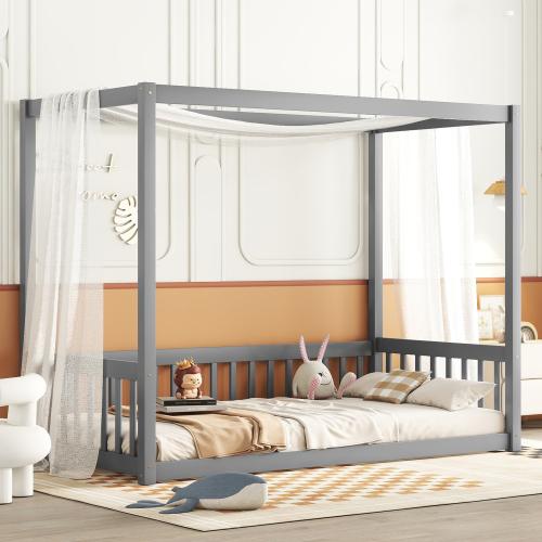 [Bellemave]TwinSize Canopy Frame Floor Bed with Fence, Guardrails