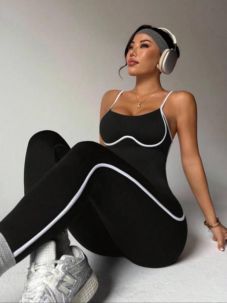 Women's Colorblock Square Neck High Elastic Yoga Bodysuit, Seamless Breathable Backless Outdoor Running Fitness Slimming Jumpsuit, Sportswear Jumpsuits