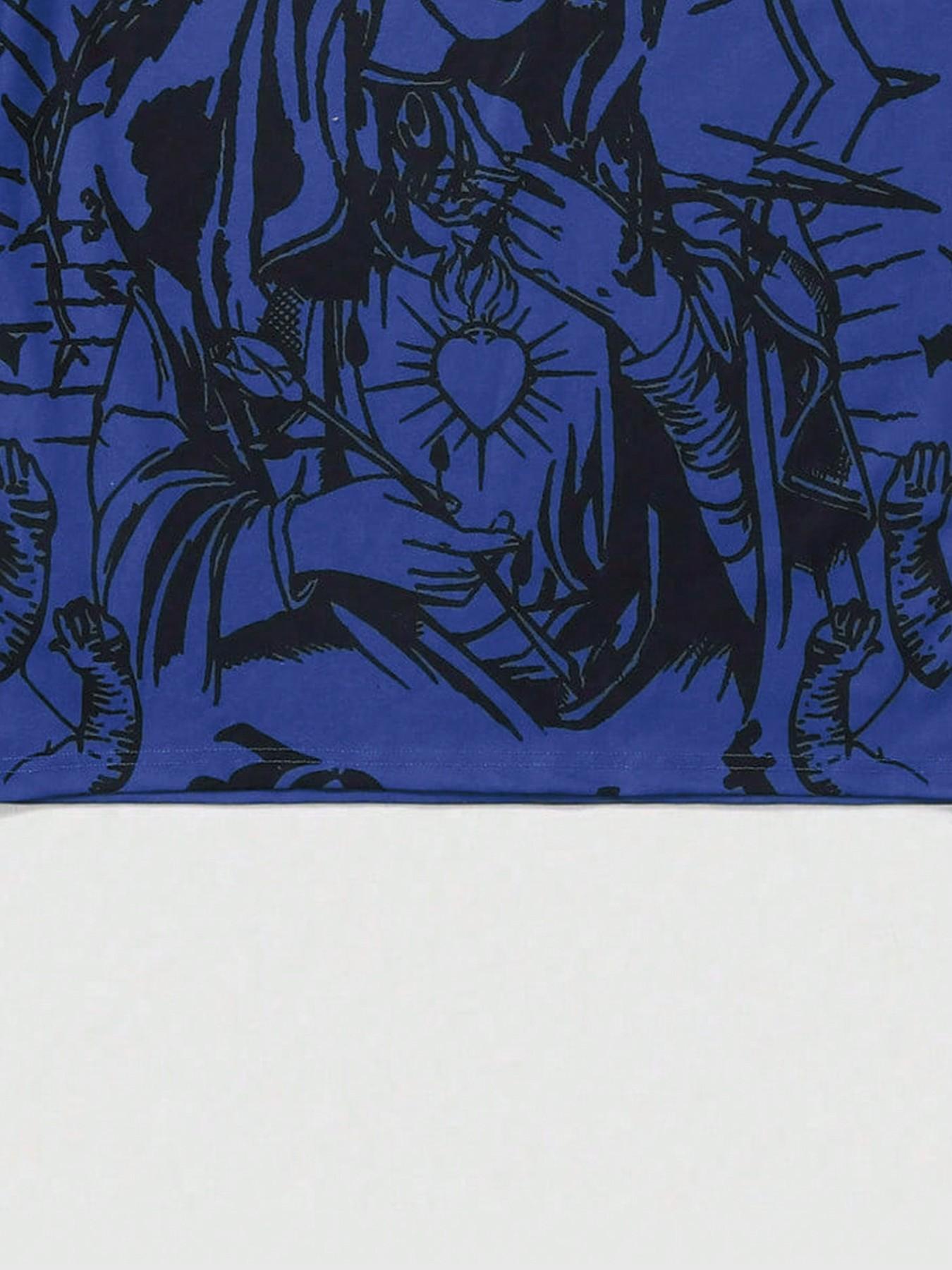 Men's Blue Religious Graphic Polo Shirt, Contrast Collar Short Sleeve Tee For Streetwear