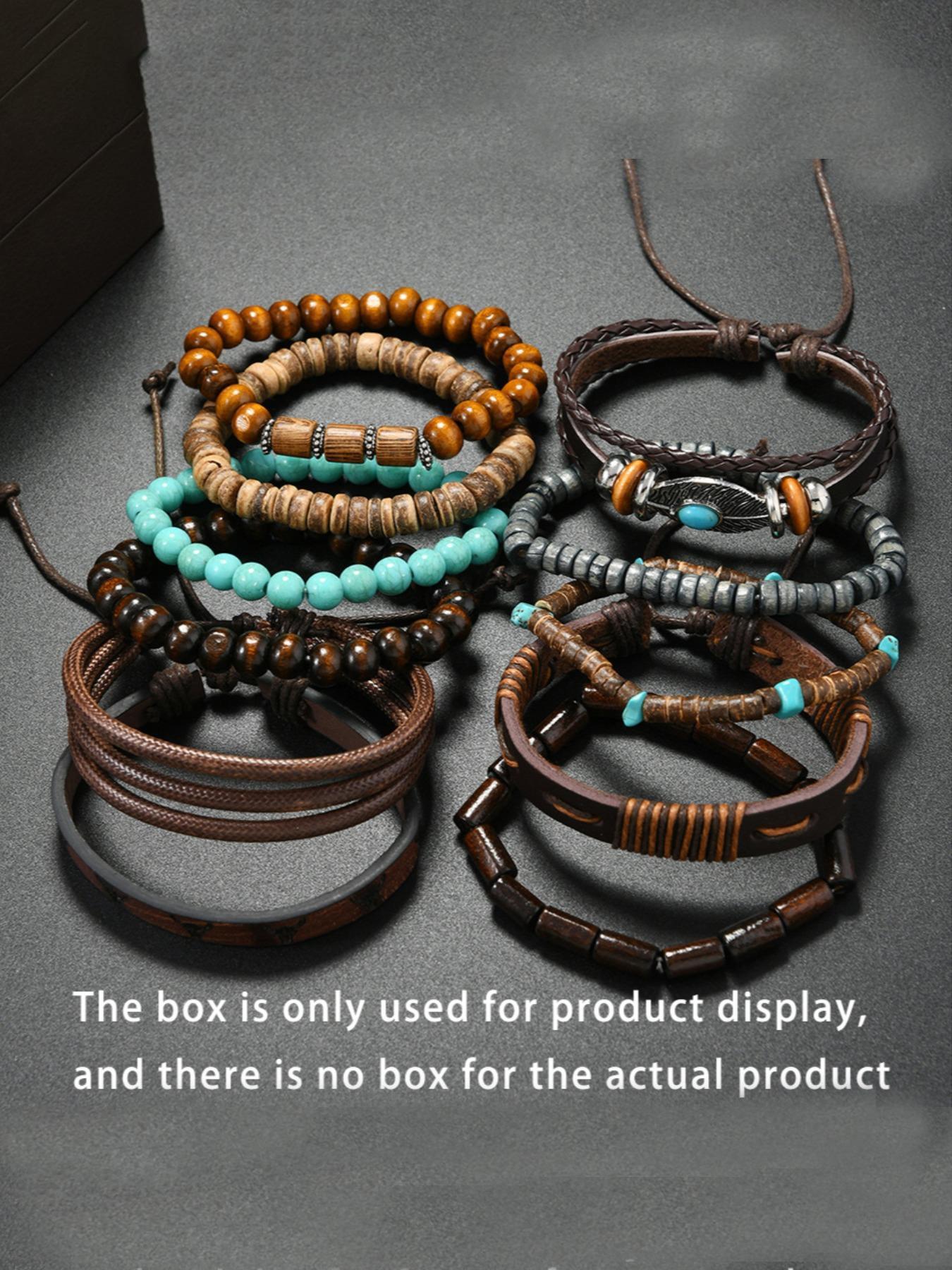Men's Vintage Casual Bohemian Style Beaded Bracelet Set, Fashion Turquoise Beaded PU Leather Bracelet Set, Stylish Gift for Boys Daily Wear, High Quality Bracelet