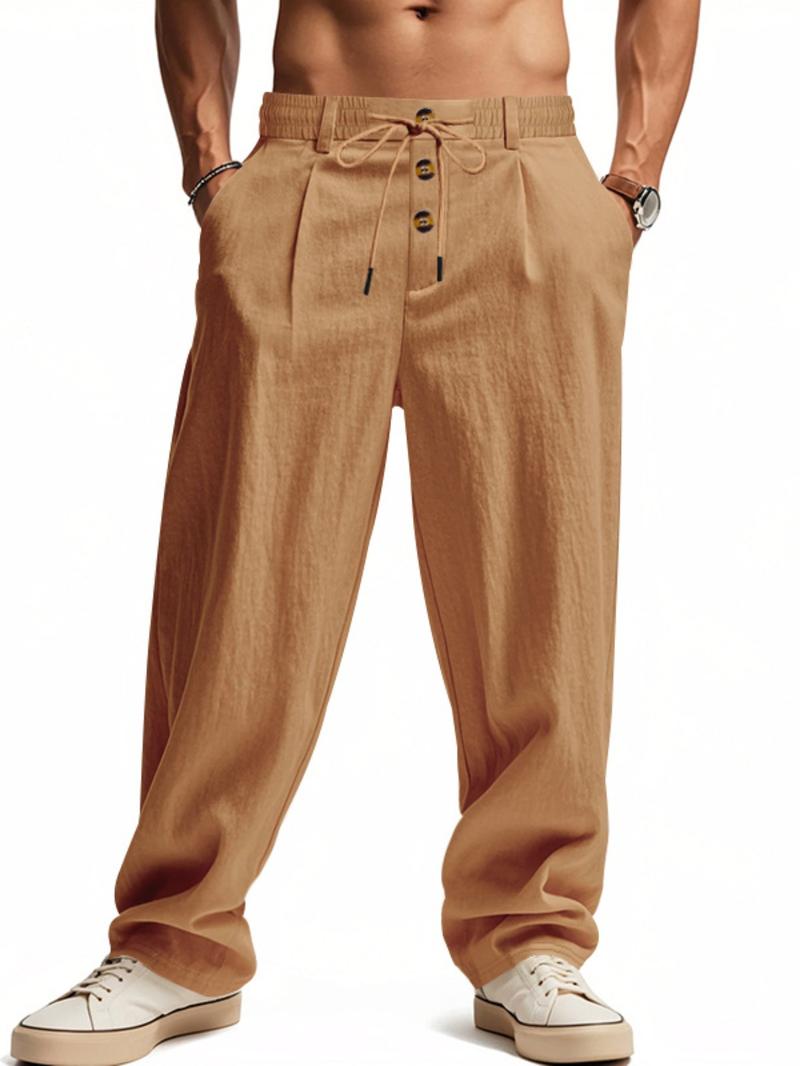 Men's Solid Button Design Linen Pants, Casual Comfy Breathable Trousers for Beach Vacation Holiday, Men's Bottoms for Summer