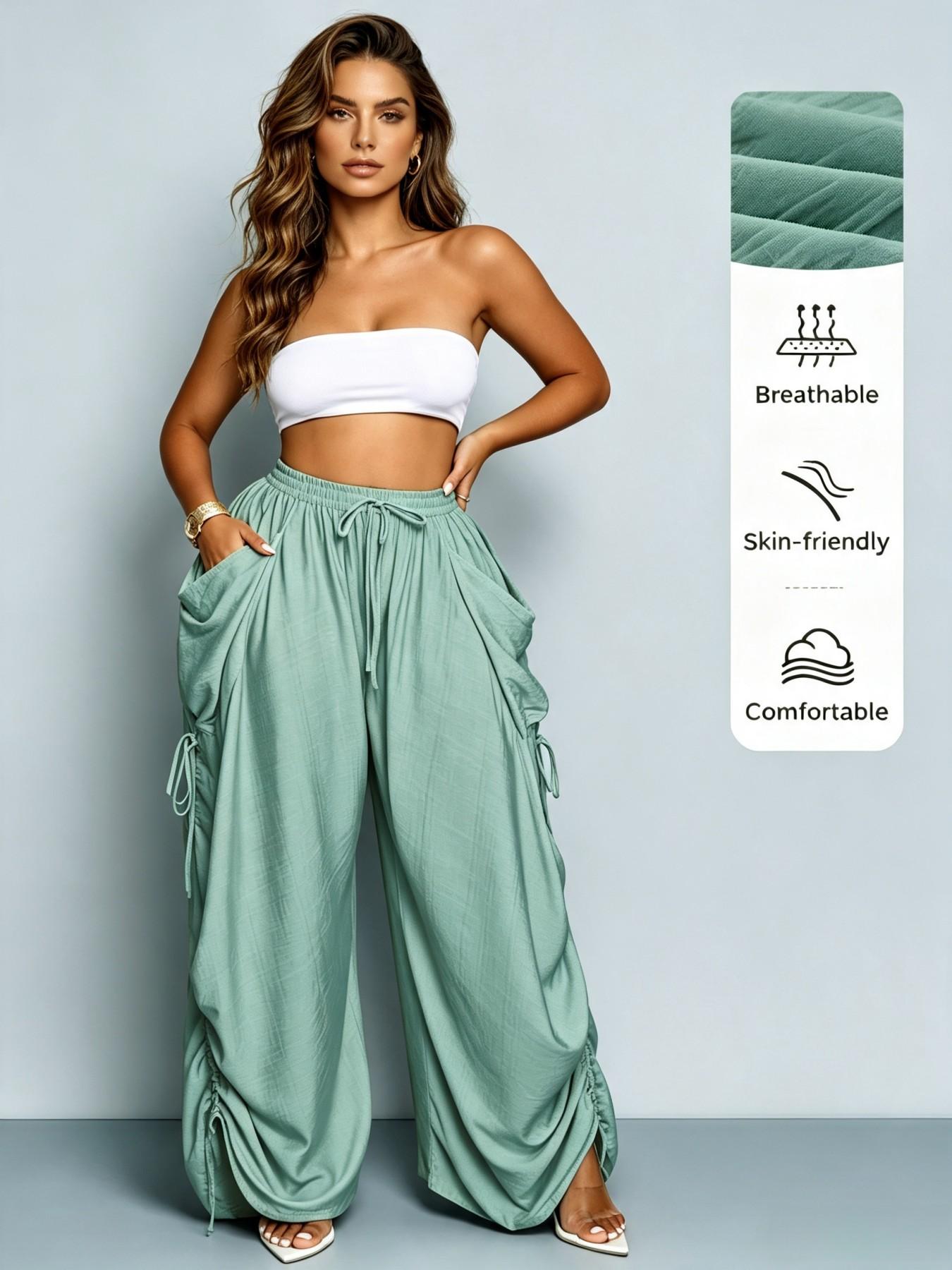 High-Waisted Drawstring Straight-Leg Pants for Women, Casual Comfortable Home Wear, Spring & Fall Fashion, Plain Pattern, Multiple Colors Available