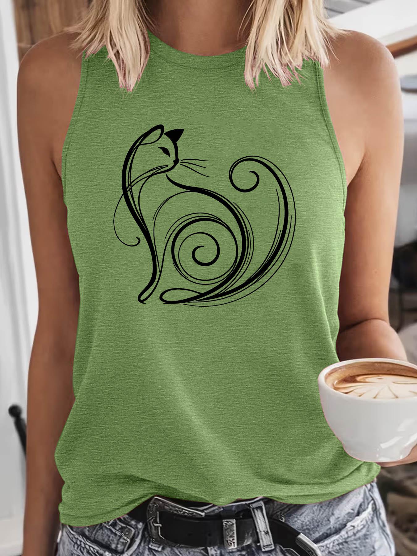 Women's Crew Neck Sleeveless Tank Top, Sleeveless Printed, Artistic Cat Line Art Print, Multiple Colors Available, Machine Washable, Spring & Summer Top, Soft Skin-Friendly Fabric, Daily Versatile, Fashion Design