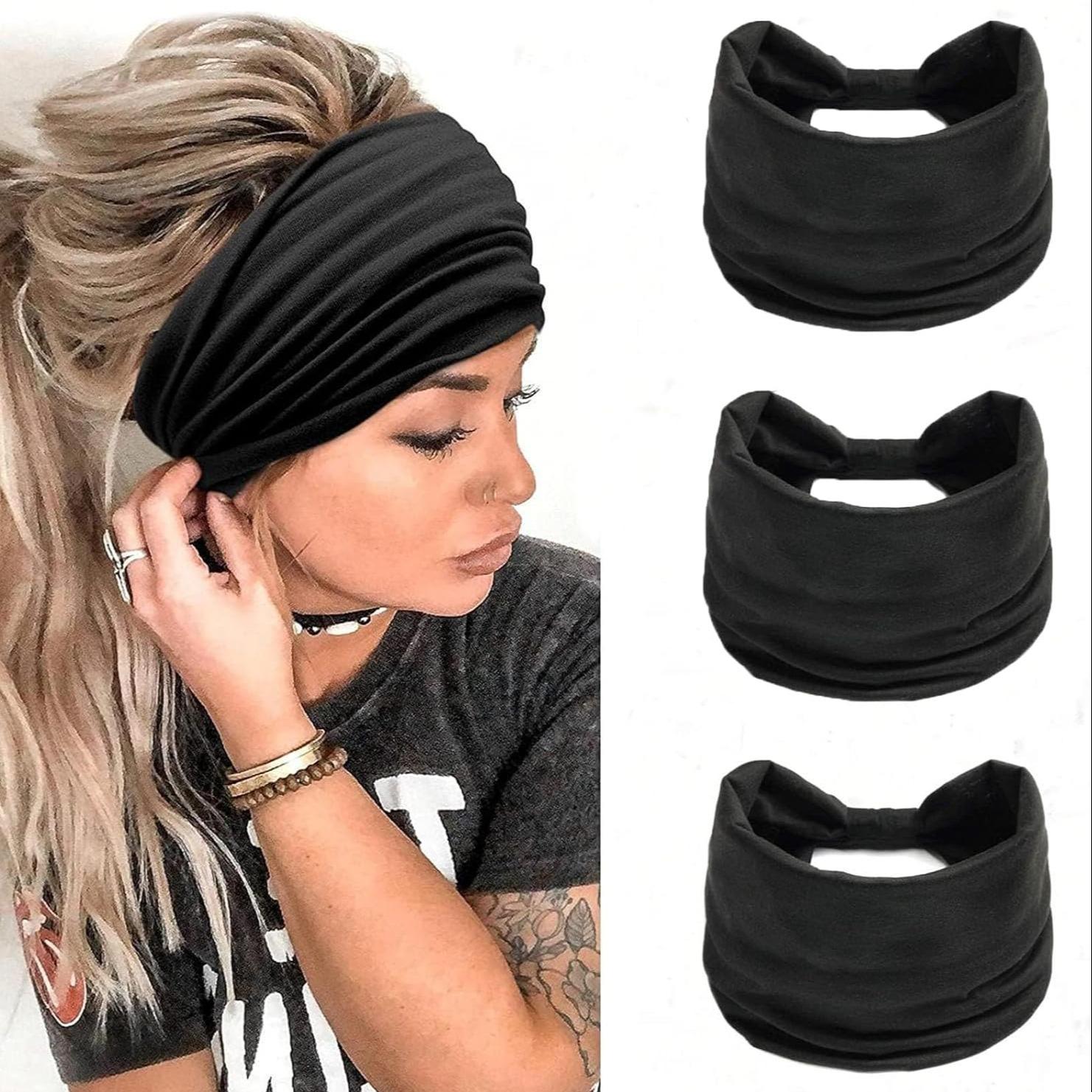 Women's Wide Sweatband Set, Sweat Wicking Workout Headband, 3-Piece Plain Sports Yoga Headbands, Elastic Twist Design, UV Protective, All Seasons Use