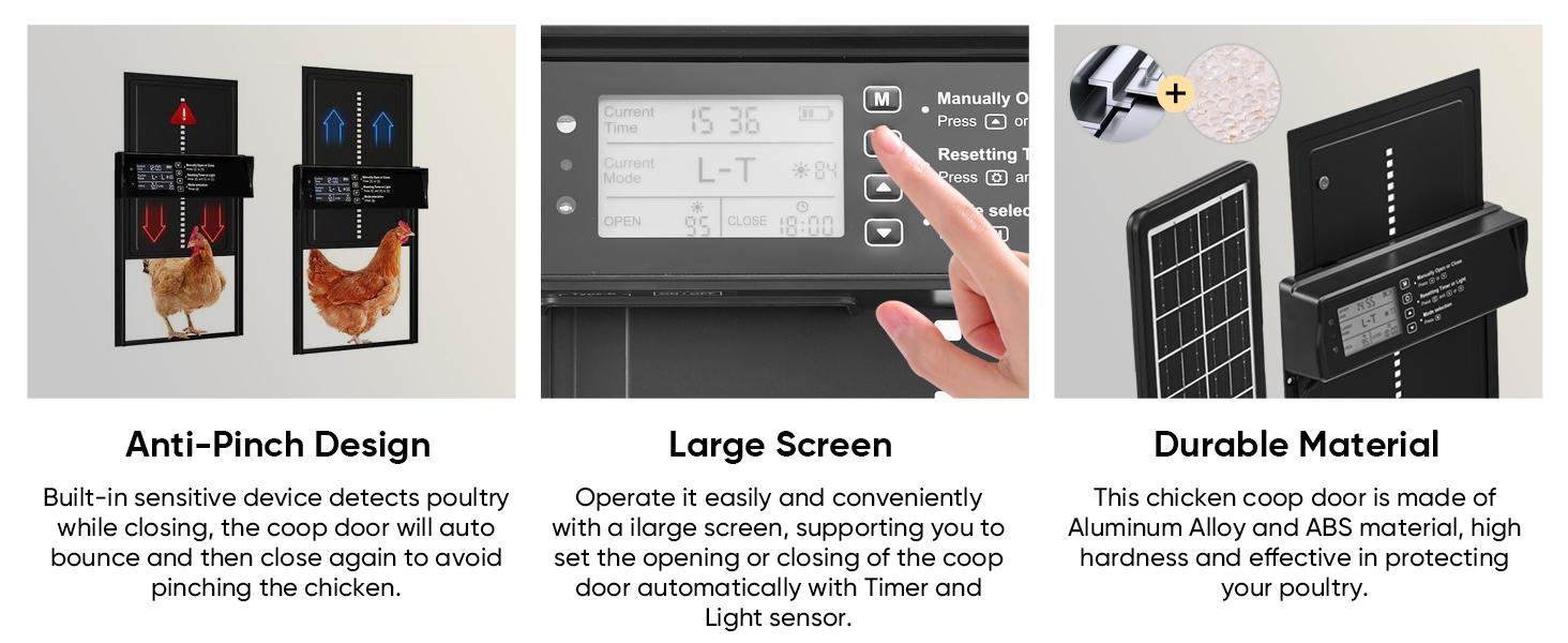 Solar-Powered Automatic Chicken Coop Door, Timer Function & Light Sensor, 4 Modes LCD Display, Anti-Collision Rainproof Aluminum Alloy Gate
