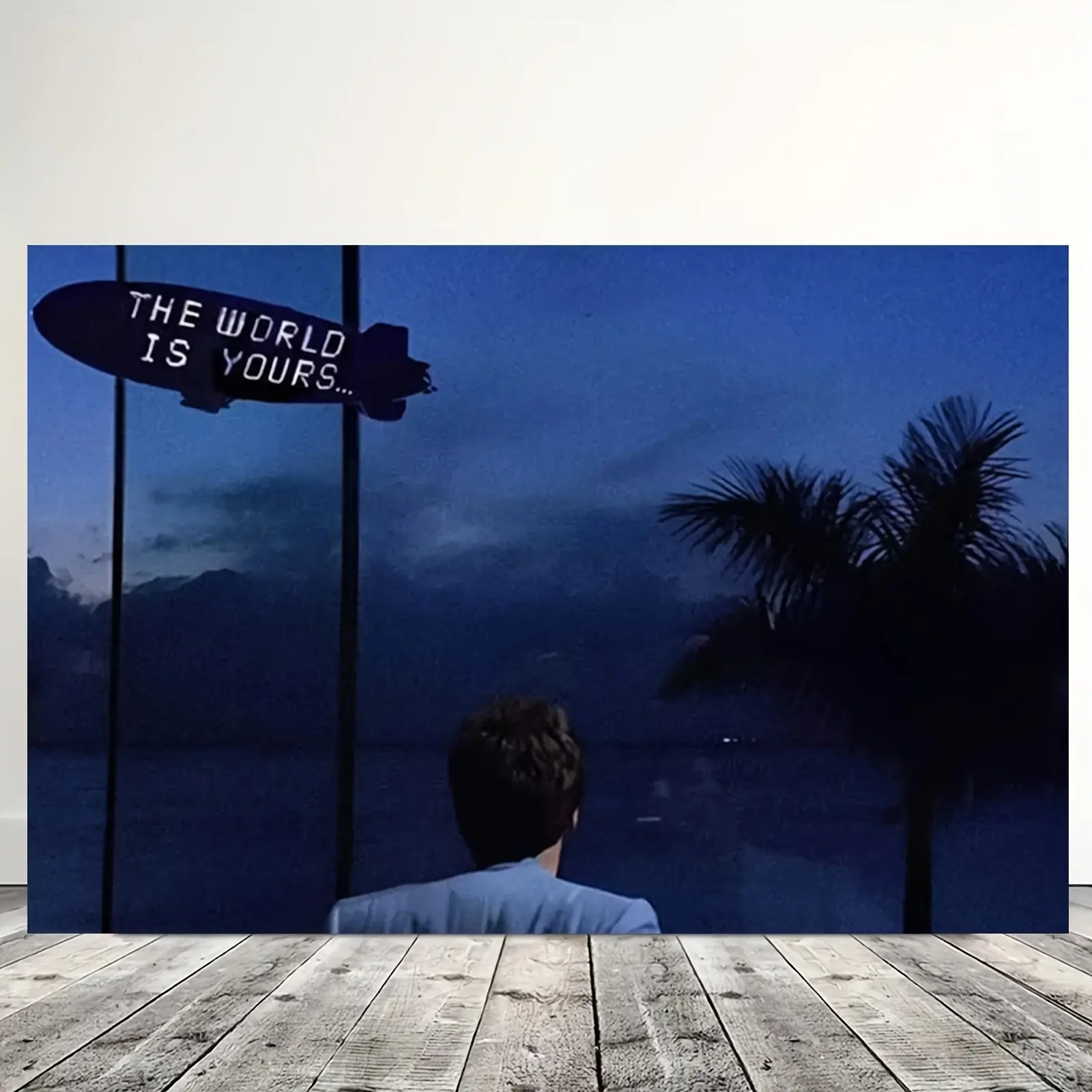 The World Is Yours Blimp Night Scene Canvas Poster, Classic Movie Inspirational Blue Night Seascape Art Print Wall Decor wall decor, Motivational Vintage Art For Office Bedroom Man Cave Decor, Trendy Hustle Culture Decor Gift
