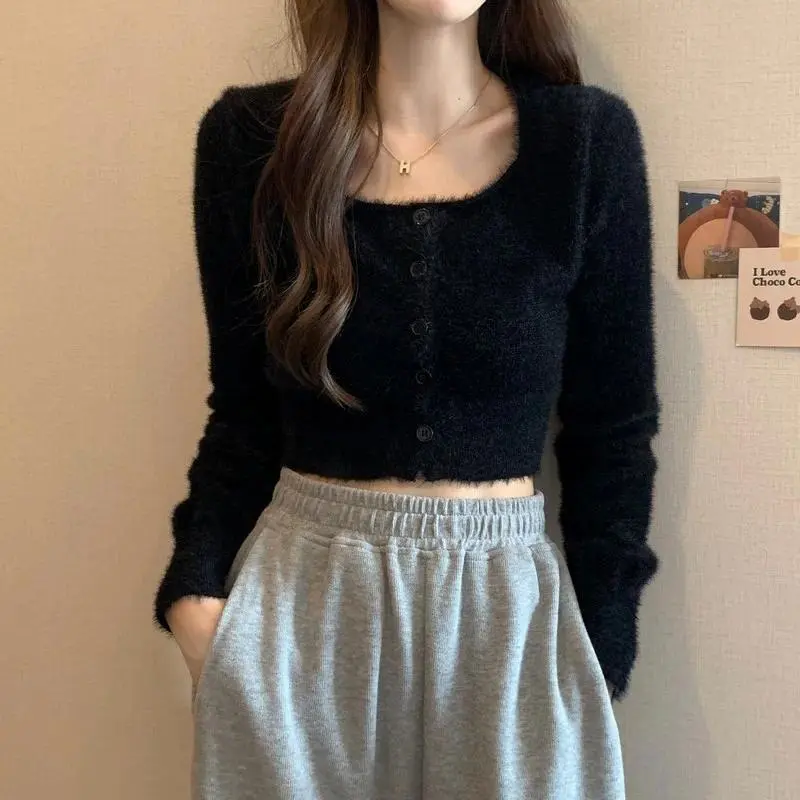 Fuzzy Square Neck Cardigan Sweater Women Long Sleeve Button-Up Fitted Knit Crop Top Soft Plush Jacket Spring Fall Y2K