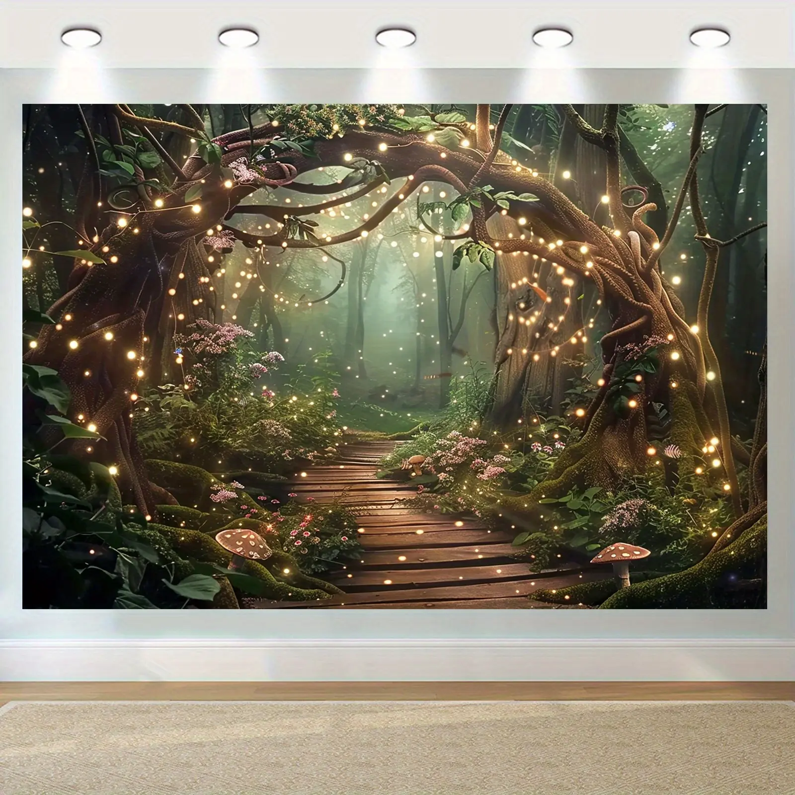 2D Flat Enchanted Forest Scene Tapestry with Twinkle Lights - Lightweight Festive Backdrops & Banners, Vibrant Polyester Photography Backdrop, Party & Wedding Event Decor