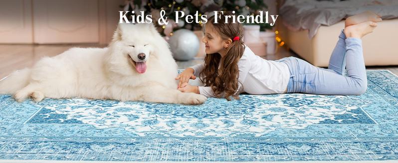 Non-Slip Washable Faux Wool Vintage Boho Rug, Retro Distressed Medallion Carpet 5x7 6x9 ft, Red/Blue Low Pile Soft Mat for Entryway Kitchen Traditional Interiors