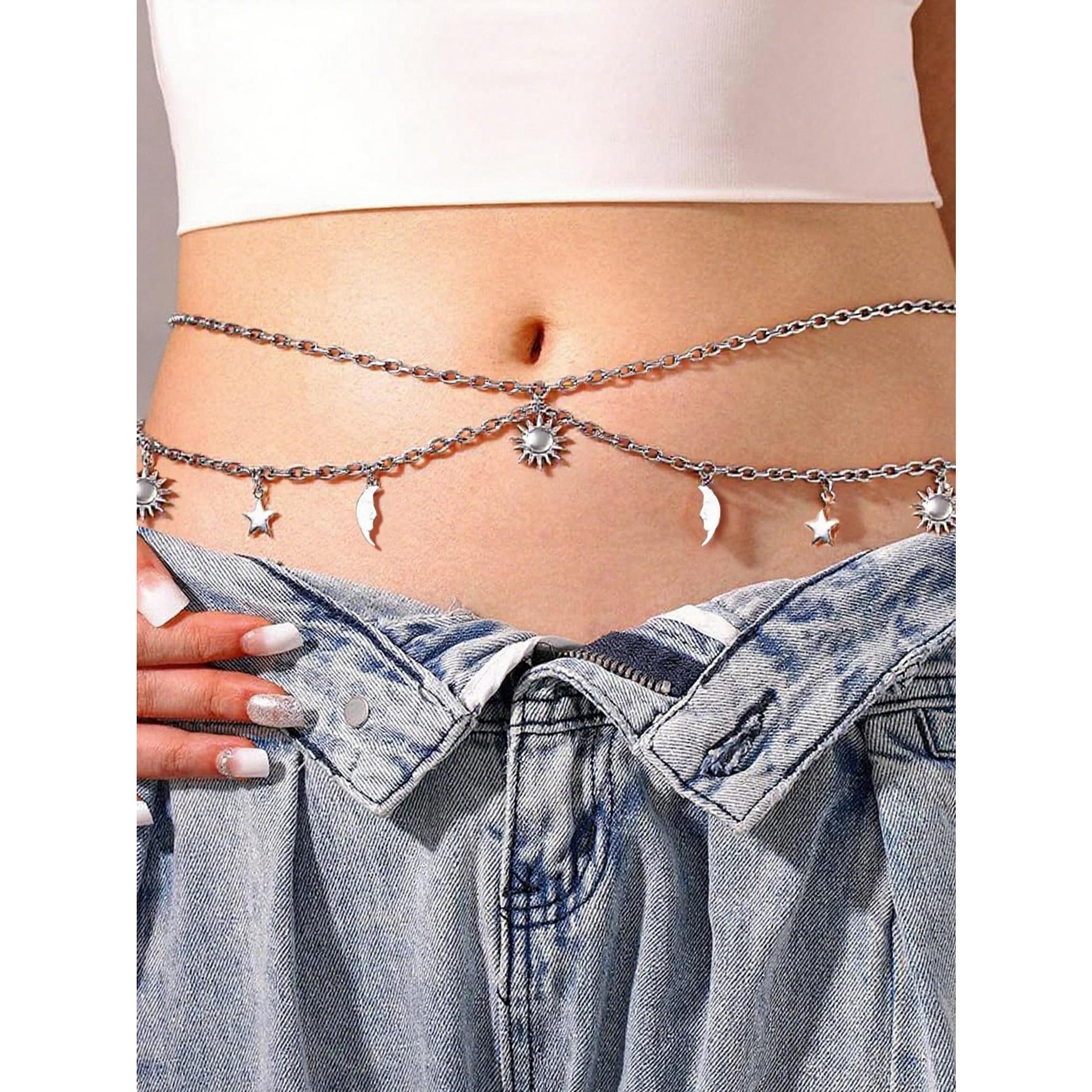 Gold Chain Belt, Bling Chain, for Women Plus Size Gold Waist Chains Metal Sun Moon Layered Body Chain Jewelry for Women Belly Belts Dress Pirate Costume Accessories African Waist Jewelry Body Jewellery