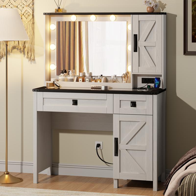 Aowos Farmhouse Vanity, Makeup Vanity Desk with HD Mirror and Light, with Drawers & Adjustable Cabinets, Glass Top Vanity with Charging Station, Modern Vanity Table with Shelves, Christmas Gift for Woman & Girls, Present for Yourself