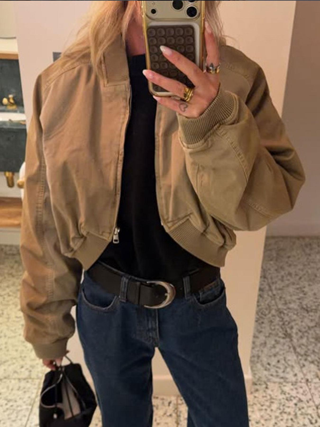 Women's Olive Green Loose Cropped Basic Bomber Jacket, Casual Zipper Coat, Vintage Casual Full-Zip Outerwear with Ribbed Collar & Cuffs, Side Pockets, Streetwear Layering Coat for Spring & Summer