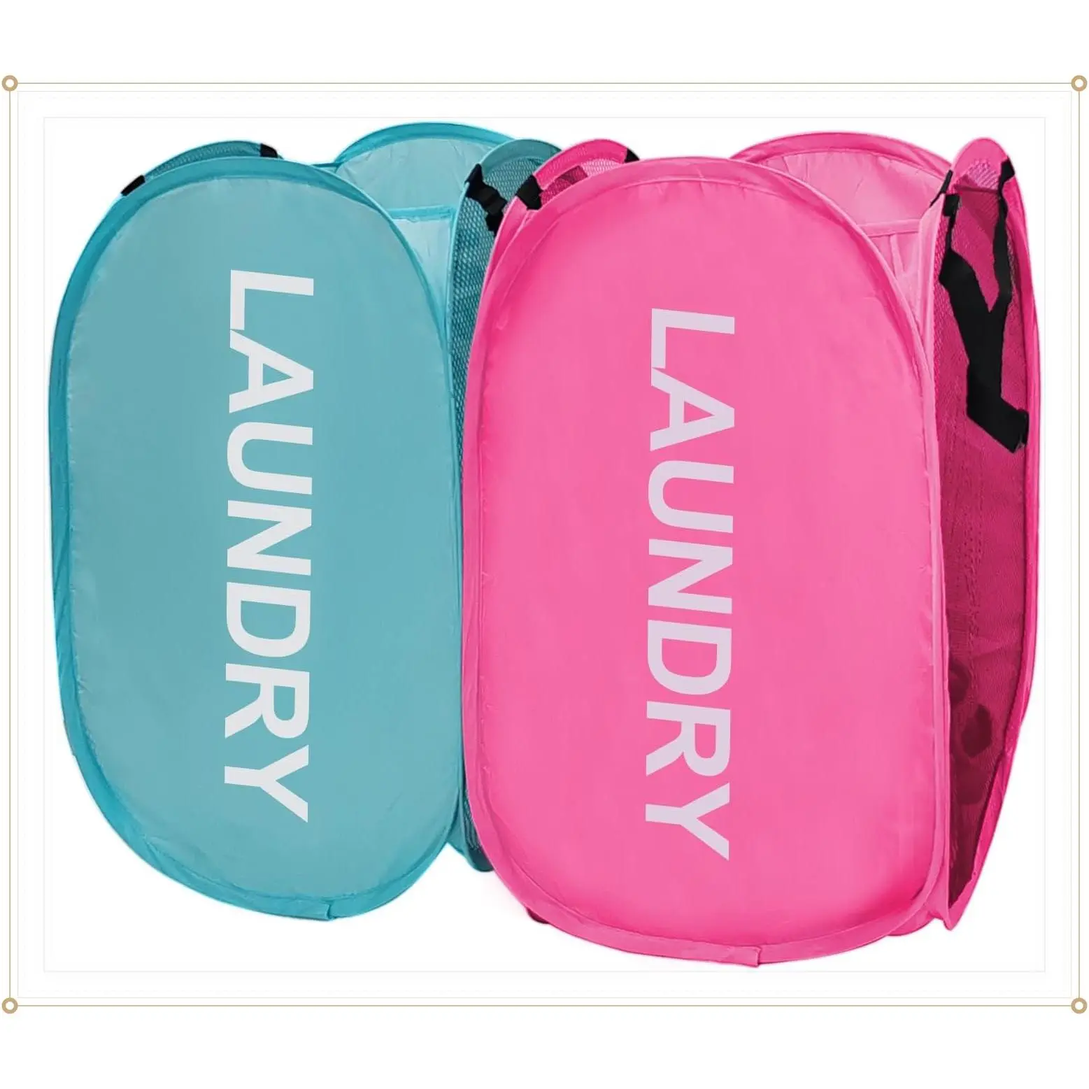Collapsible Mesh Pop Up Laundry Hamper 2 Pack with Handles, Foldable Laundry Basket for Bedroom, College Dorm, RV, Travel (Pink + Sky Blue)Gift