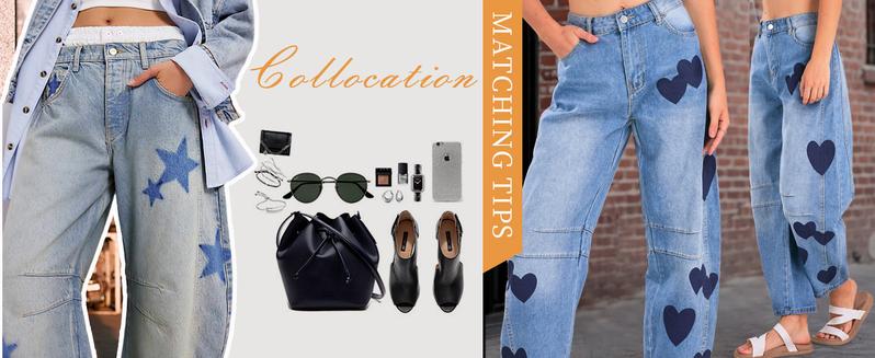 Barrel Jeans Women Wide Leg Baggy Distressed Printed Boyfriend Horseshoe Denim Pants Barrel Jeans Women Wide Leg Baggy Distressed Printed Boyfriend Horseshoe Denim Pants