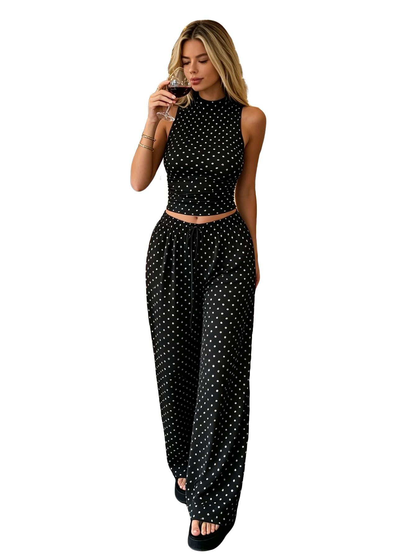 2 Pack Women's Polka Dot Loungewear Set, Sleeveless High Neck Crop Top & Wide Leg Pants, Elegant Summer for Daily Wear