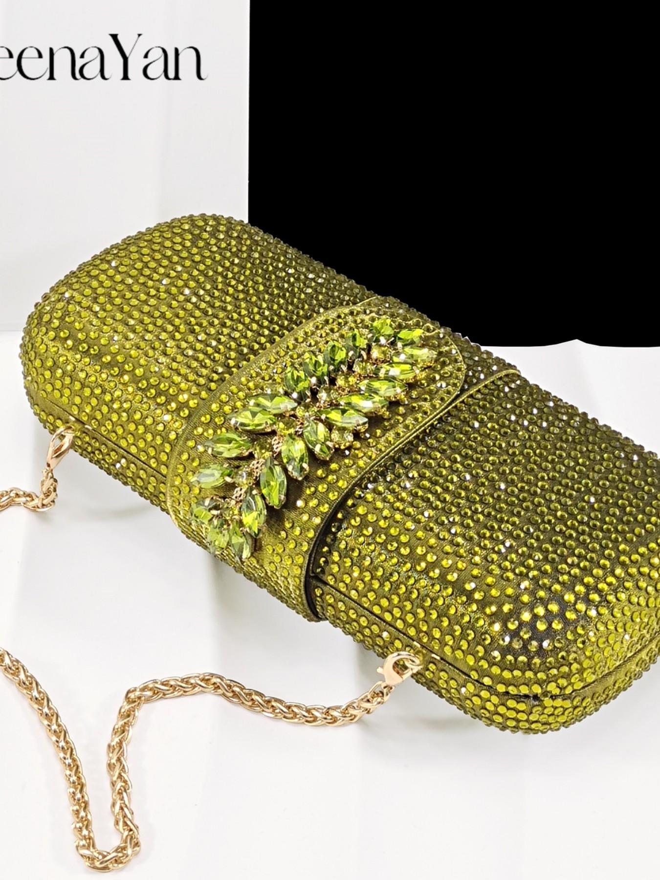 2026 Party New Italian Style High Heels with Bag, Style, Pointed Toe, Metal Decor, Rhinestone Accent, Elegant Olive Color, Women's High Heels