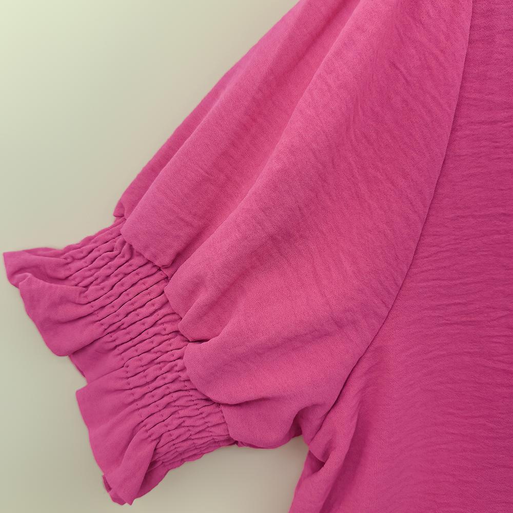 SageVell Ruffle Trim V - Neck Bright Pink Blouse, Smocked Cuffs & Front, Soft Textured Fabric, Chic Casual Style, Cute Basic Tops for Women Cotton Shirts Office Outfits Women Womenswear Shortsleeve Medium Fitted