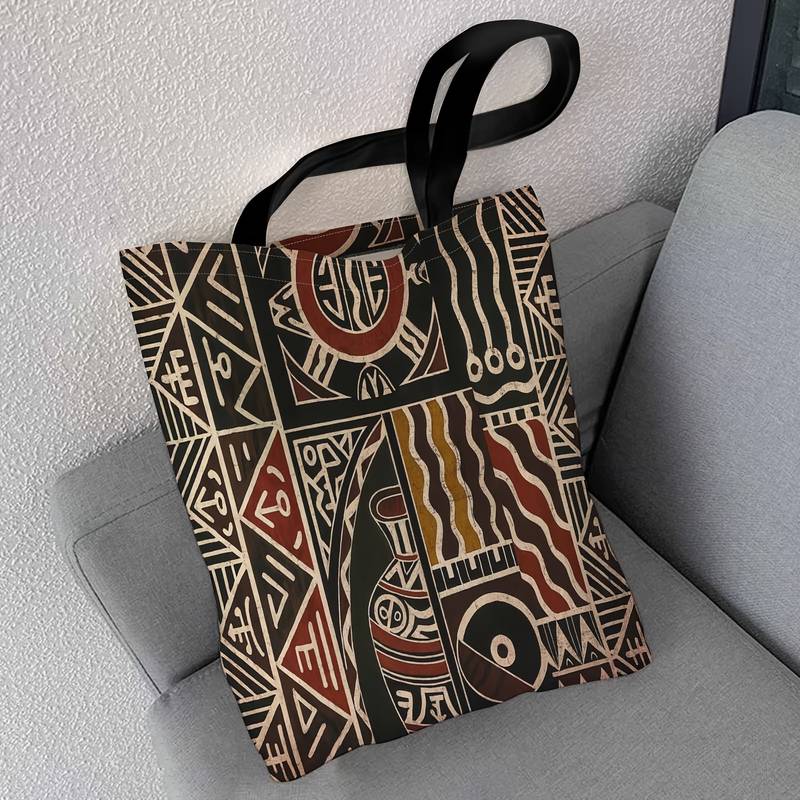Vintage African Art Geometric Pattern Canvas Bag, Teen Shopping Bag, Durable, Suitable for Daily Use and Beach, Spacious Design, Classic Style