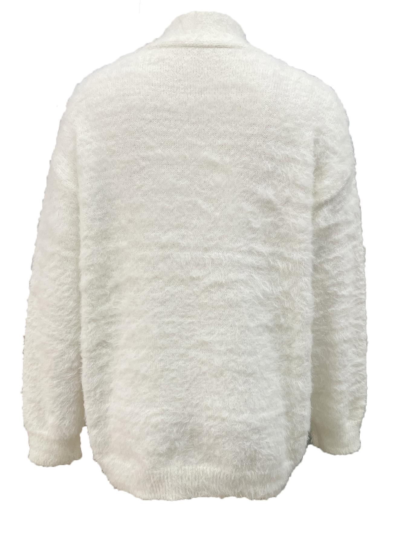 Women's Solid Button Front Pocket Drop Shoulder Fuzzy Sweater Cardigan, Casual Long Sleeve V Neck Cardigan for Daily Wear, Ladies Knitwear for All Seasons