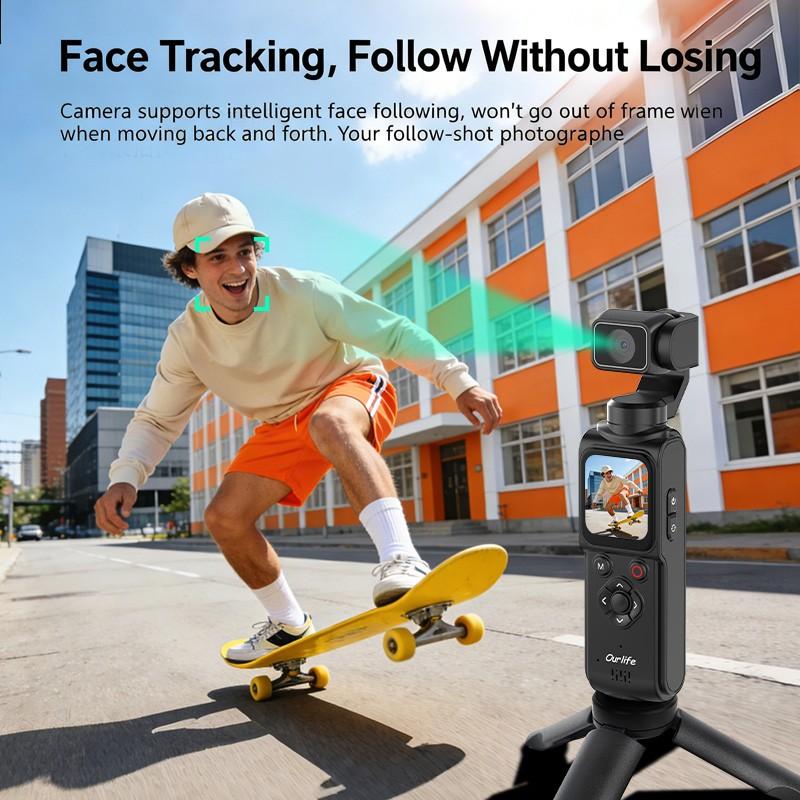 Ourlife At-M105 Camera with 32GB Memory Card, 1 Inch Cmos 4K Video, Three-Axis Gimbal Stabilizer, Fast Focus, Face Recognition, Portable Camcorder