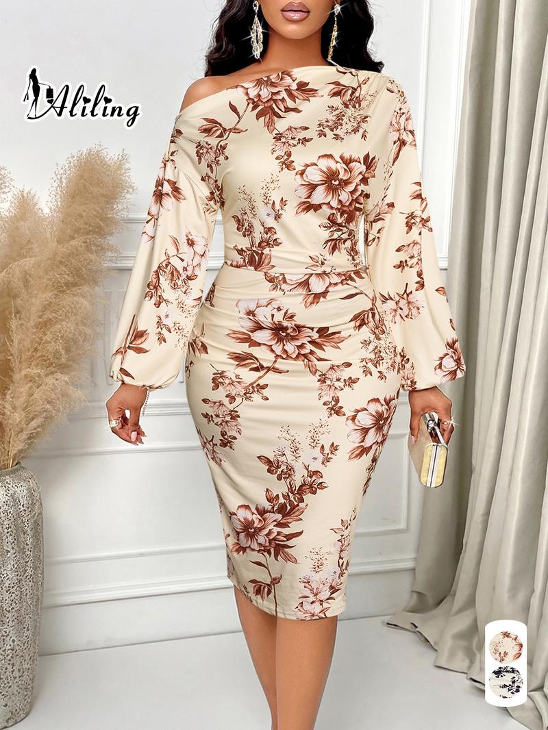 Aliling Women's Elegant Fall Print Dress, One Shoulder Long Sleeve Bubble Sleeves High Waist Bodycon Ruched Midi Dress