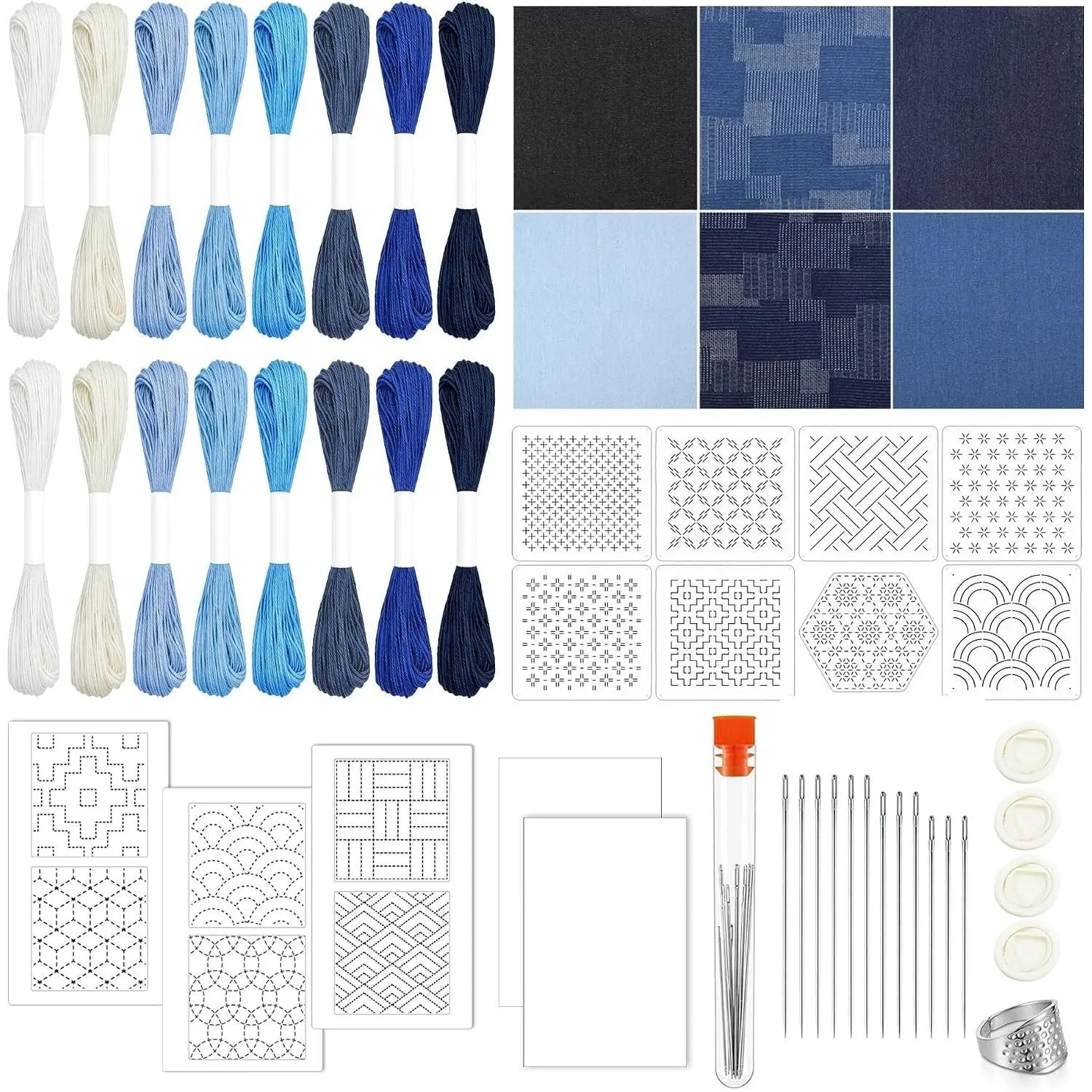 52PCS Sashiko Embroidery Kit with Threads, Needles, Thimble, Plastic Stencils, Denim Fabric and Water-Soluble Pattern Sheets for Beginners, DIY Stitching, Mending and Sewing