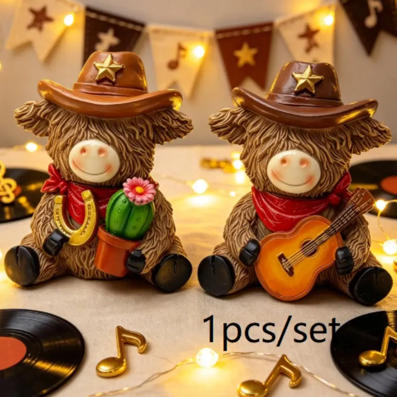 Western Cowboy Highland Cow Resin Figurine Set, Resin Sculptures, Lucky Horseshoe Cactus & Guitar Scottish Cattle Statues, Waterproof Hand-Painted Resin Decor For Home Office Yard, Country Party Housewarming Gift, Mini Rustic Western Animal Ornament