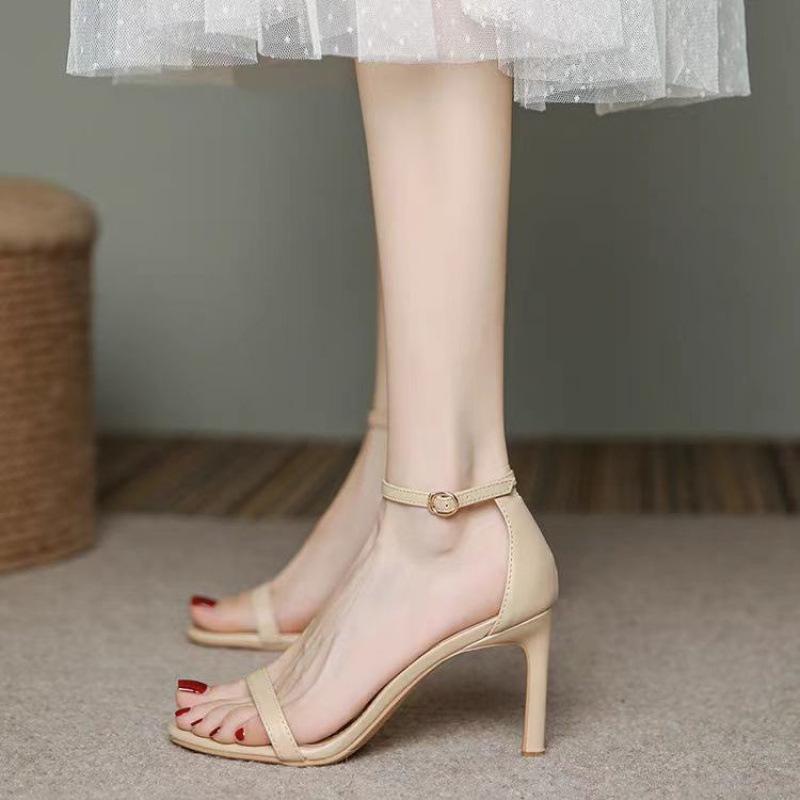 French Elegant Fashion Sandals for Women Versatile Sexy Thin Heel One Strap Buckle Open Toe Summer High Heels