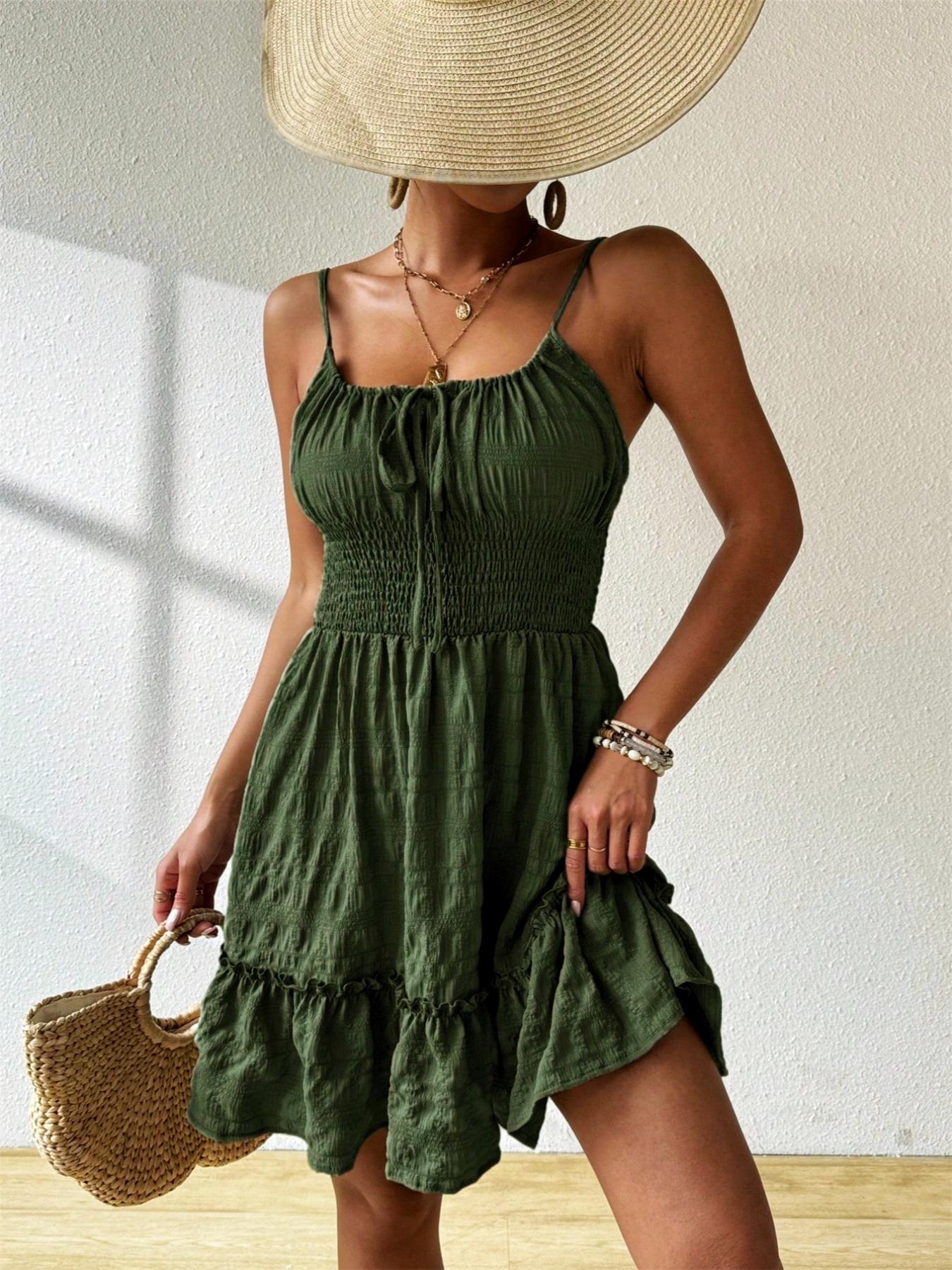 video, Dark Olive Green Textured Cami Ruched Vintage Cottagecore Dress  Spicy Cool Dark Olive Green Textured Cami Ruched Ruffle Mini Dress Dark  Olive Green Textured Cami Ruched Lazy Fit Everyday Dress