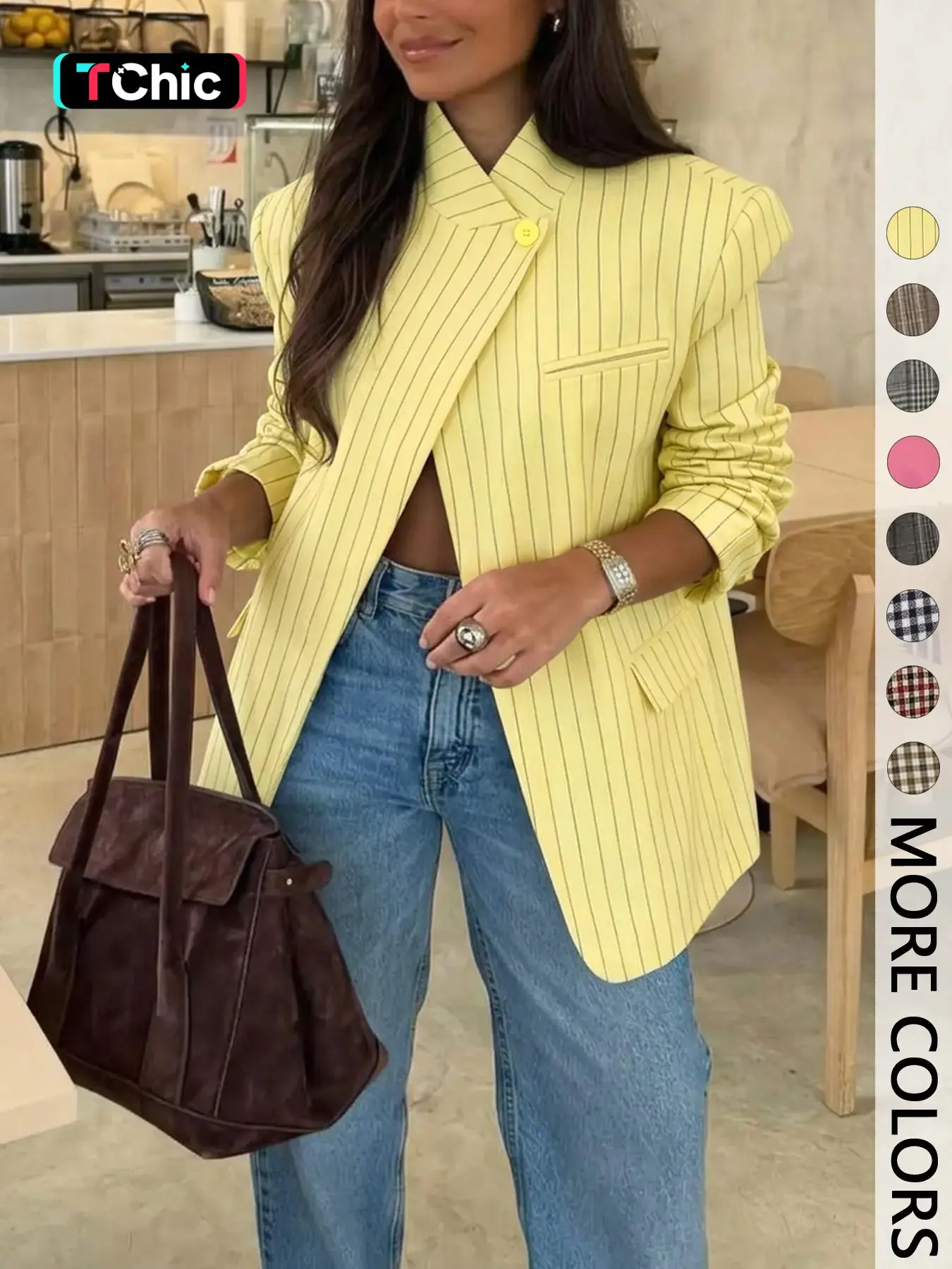 【Black Friday】Women's Stand Collar Asymmetrical Single Button Blazer, Shoulder-Padded Long-Sleeve Design, Oversized Relaxed Silhouette, Flap Pocket, Vintage Street Style, Perfect for Coffee Runs, Brunch, Daily Errands
