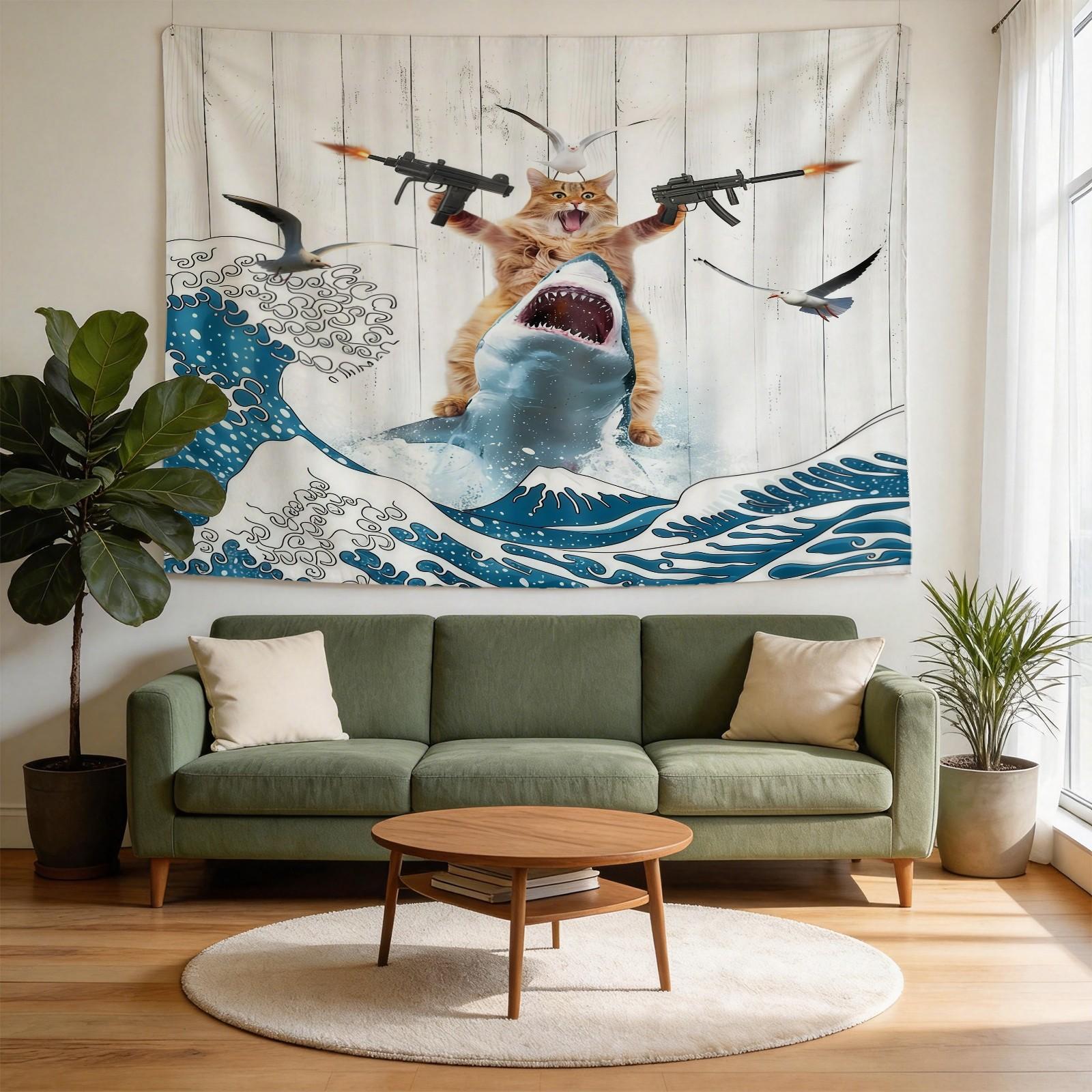 Funny Animal Surfing Theme Tapestry, Creative and Practical, Perfect for Living Room, Bedroom, Dorm, Fashionable and Fun Decor