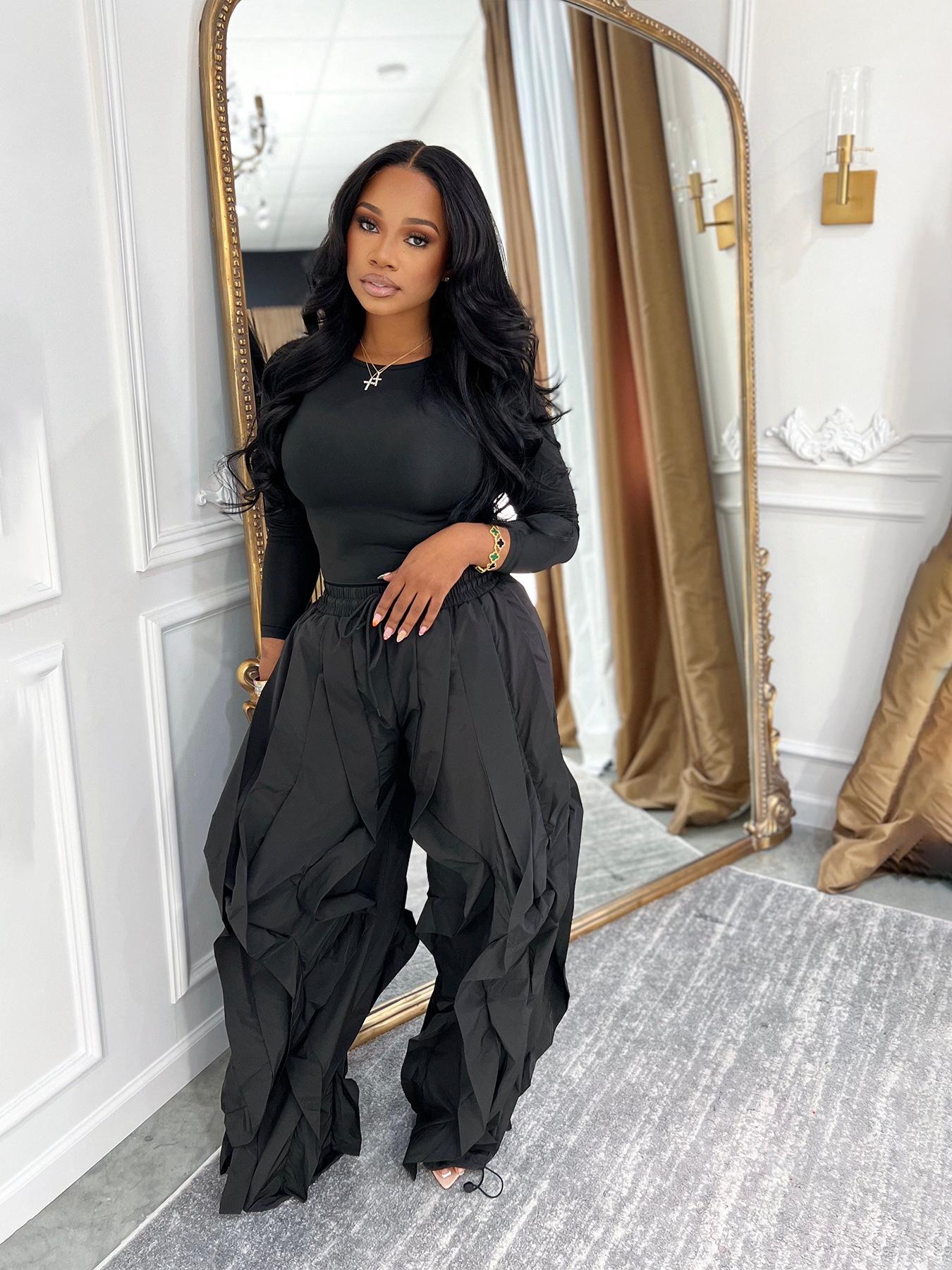 Women's Slim-Fitting Top & Wide-Leg Pants Set, Ladies' Unique Casual Chic Commuter Ensemble, Spring and Fall