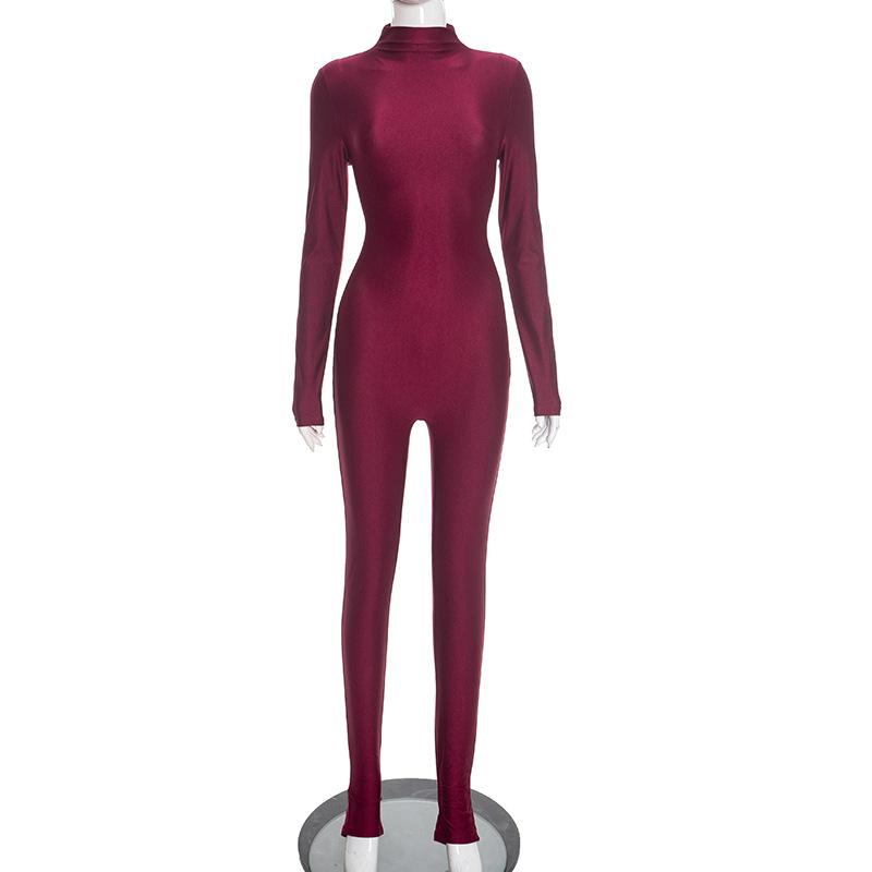Women's Shiny Satin High-Neck Footed Jumpsuit, Long Sleeve Fitted Bodycon Jumpsuit, Nightclub Streetwear Sexy