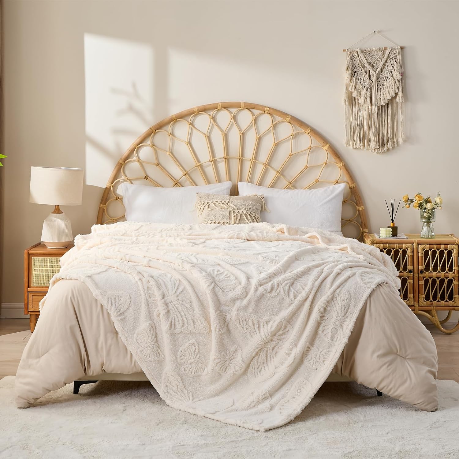 Wool Butterfly Blanket for Sofa Bed, 3D Embroidered Soft Flannel, All-Season Size, Comfortable for Bed Couch Office Camping