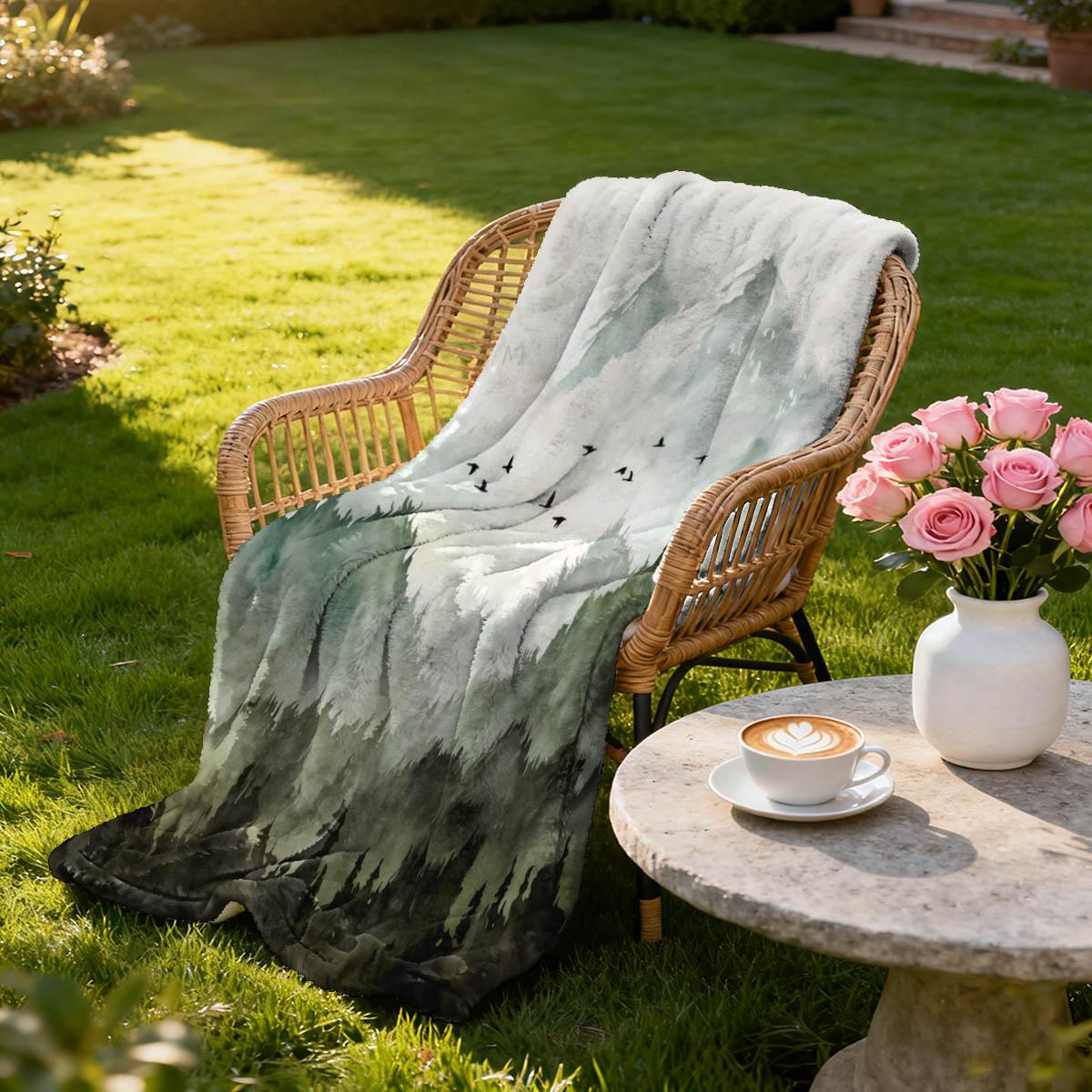 Landscape Bird Print Blanket, Simple Flannel Throw, Breathable All-Season, Sofa Bed Tail Bedroom Decor, Gift for Home Pets