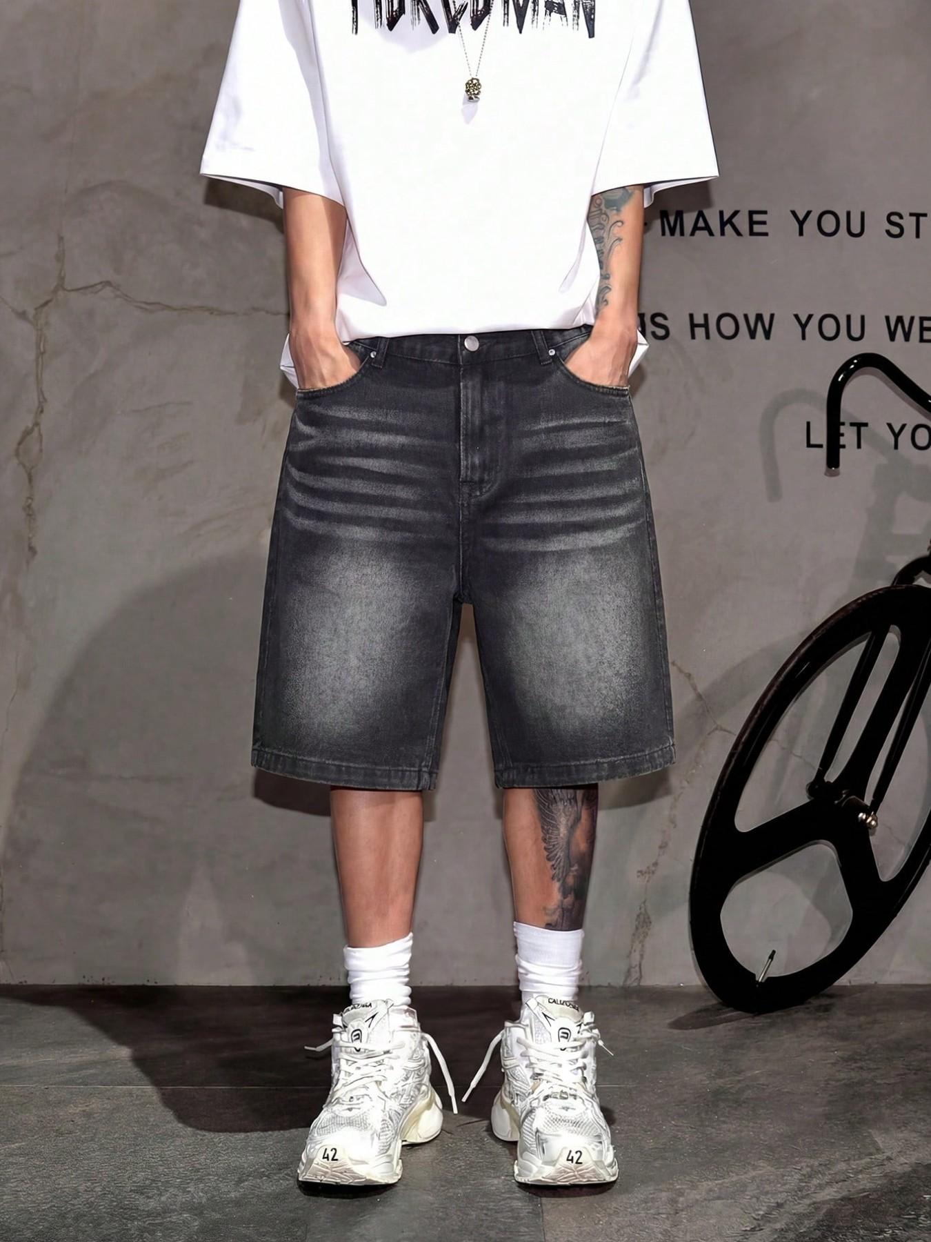 Men's Fashion Street Style Loose Fit Denim Shorts, Casual Mid Waist Zipper Fly, Plain Pattern, Daily Wear, Comfortable and Stylish