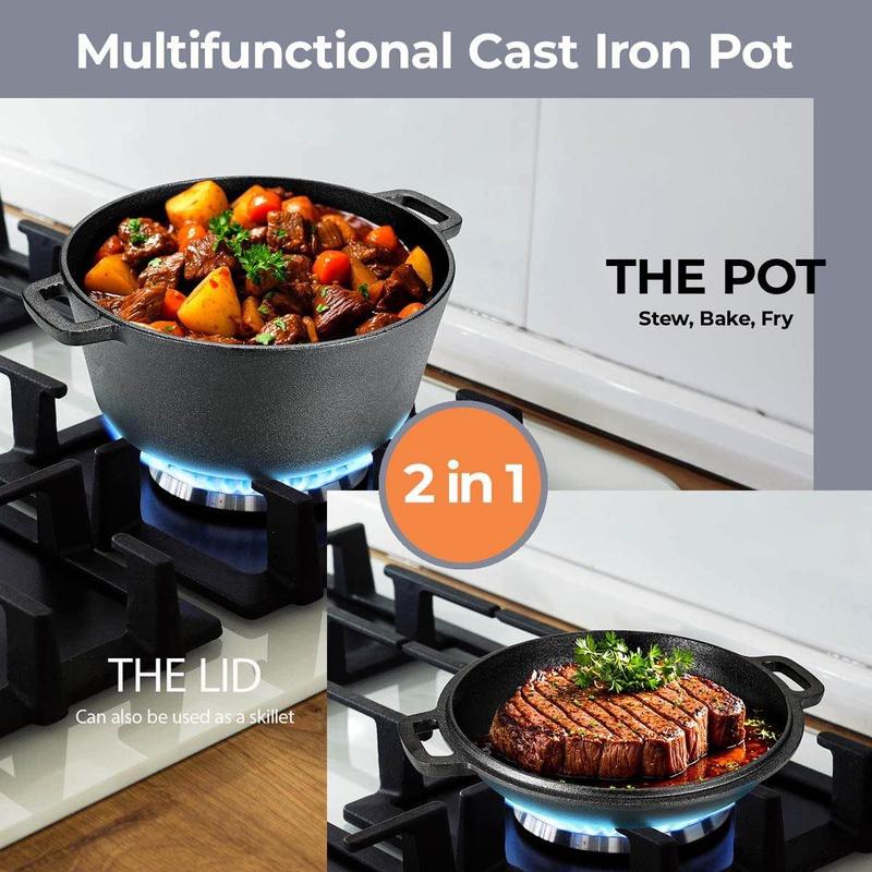 Cast Iron Dutch Oven Pot with Lid, Pot (5.1/6.7QT) And Lid As A Skillet (1.9/2.5QT) - Dutch Oven Cast Iron with Silicone Holders, Iron Stand, for Oven, Stove, Grill, Campfire, Mother's Day And Father's Day Gifts, Thanksgiving Day And Christmas Gifts