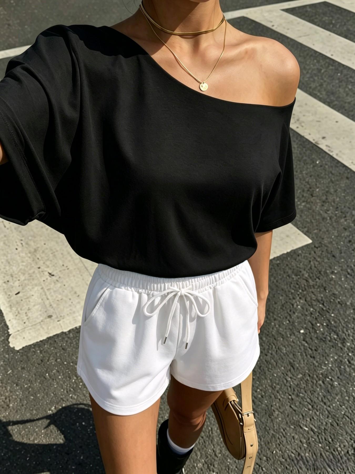 Women's 2-Piece Set, Off-Shoulder Loose Short Sleeve Top & Adjustable Drawstring Shorts, Summer Plain Casual Sporty, Versatile for Various Occasions, Outfit, Clothes