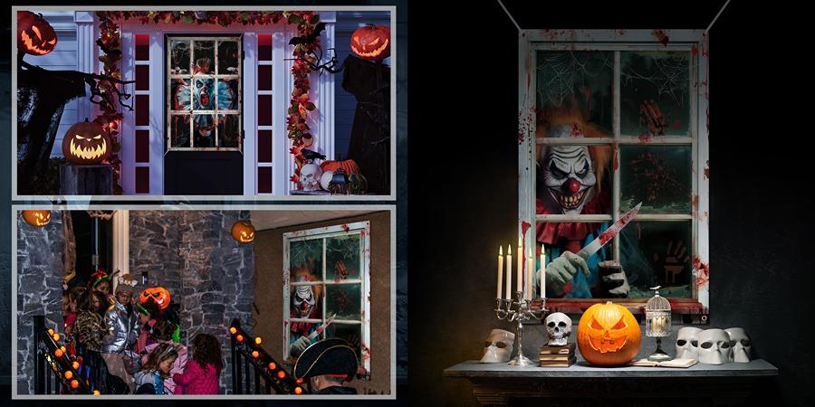2/3 Pcs Halloween Window Cover Decoration, Bloody Creepy Clown Scene Curtains for Haunted House, Reusable Fabric Horror Decorations for Indoor Outdoor Party, 31 x 47 Inches