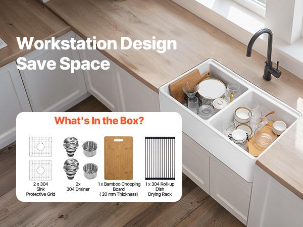 VEVOR 33x20 inch Farmhouse Sink, White Sink Workstation, Fireclay Undermount Basins, Apron Front Double Bowl Basin with Multiple Accessories, Large Capacity Household Dishwasher Sinks for Kitchen