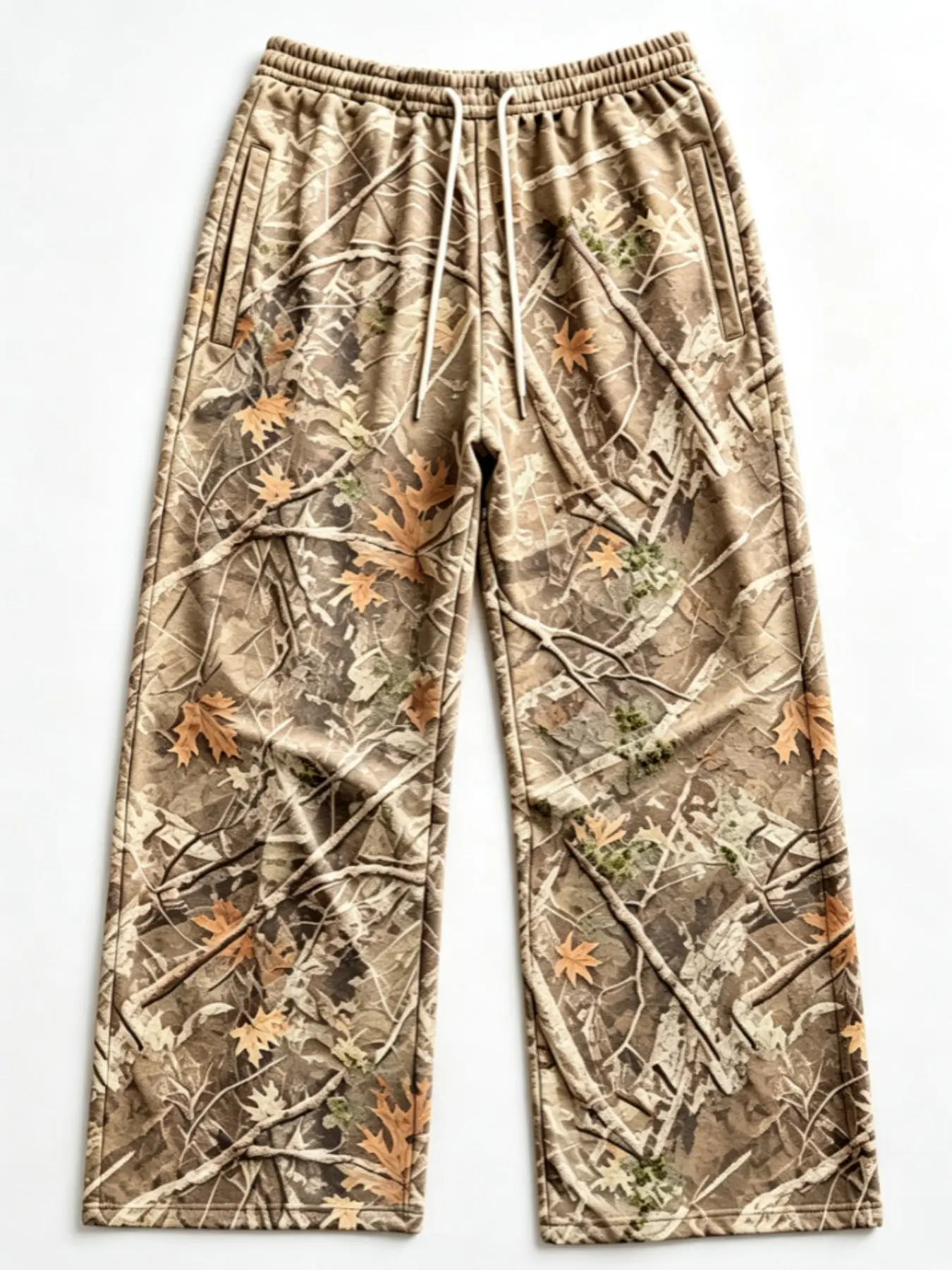 Outdoor Forest Maple Leaf Camouflage Wide Leg Sweatpants, Elastic Waist Drawstring, Loose-Fit Street Style, All Seasons Long Pants