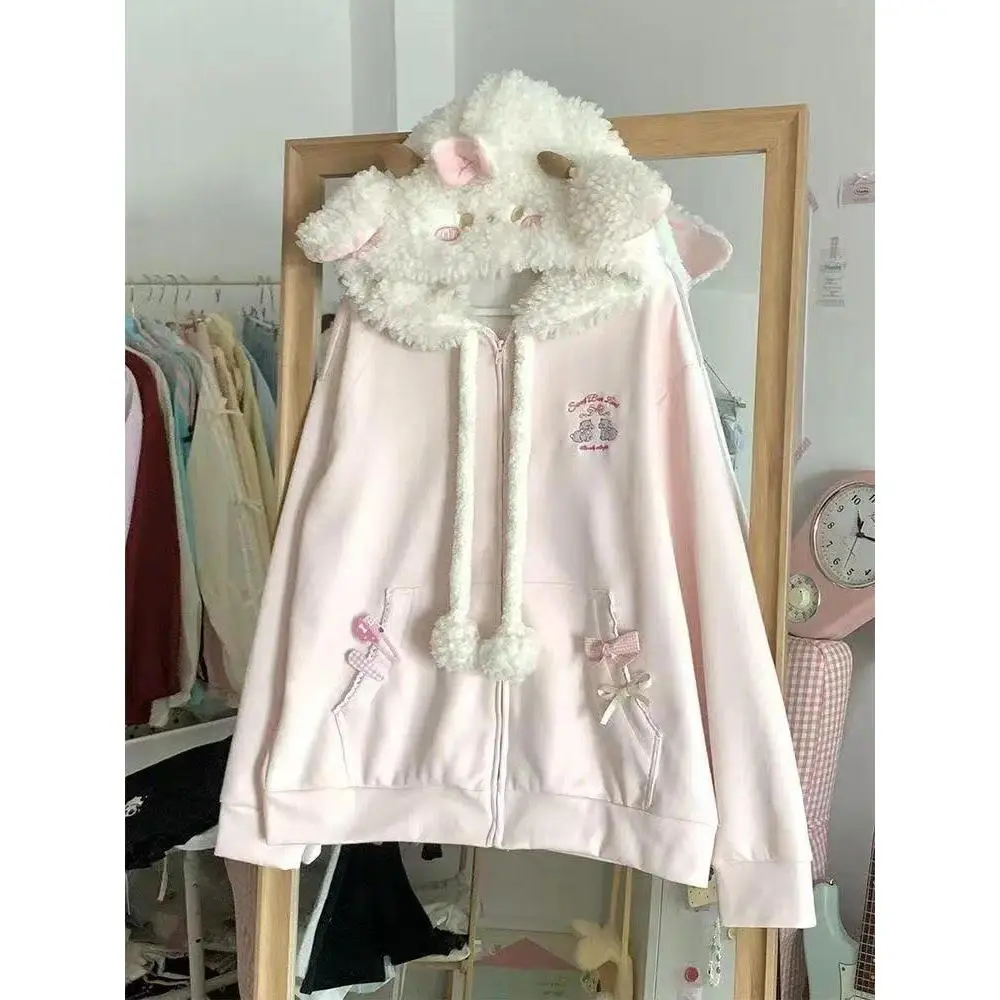 Japanese Kawaii Faux Fur Hood Sweater Long Sleeve Y2k Cute Strawberry Printed Women Casual Sweet Style Cartoon Hoodie Autumn Top